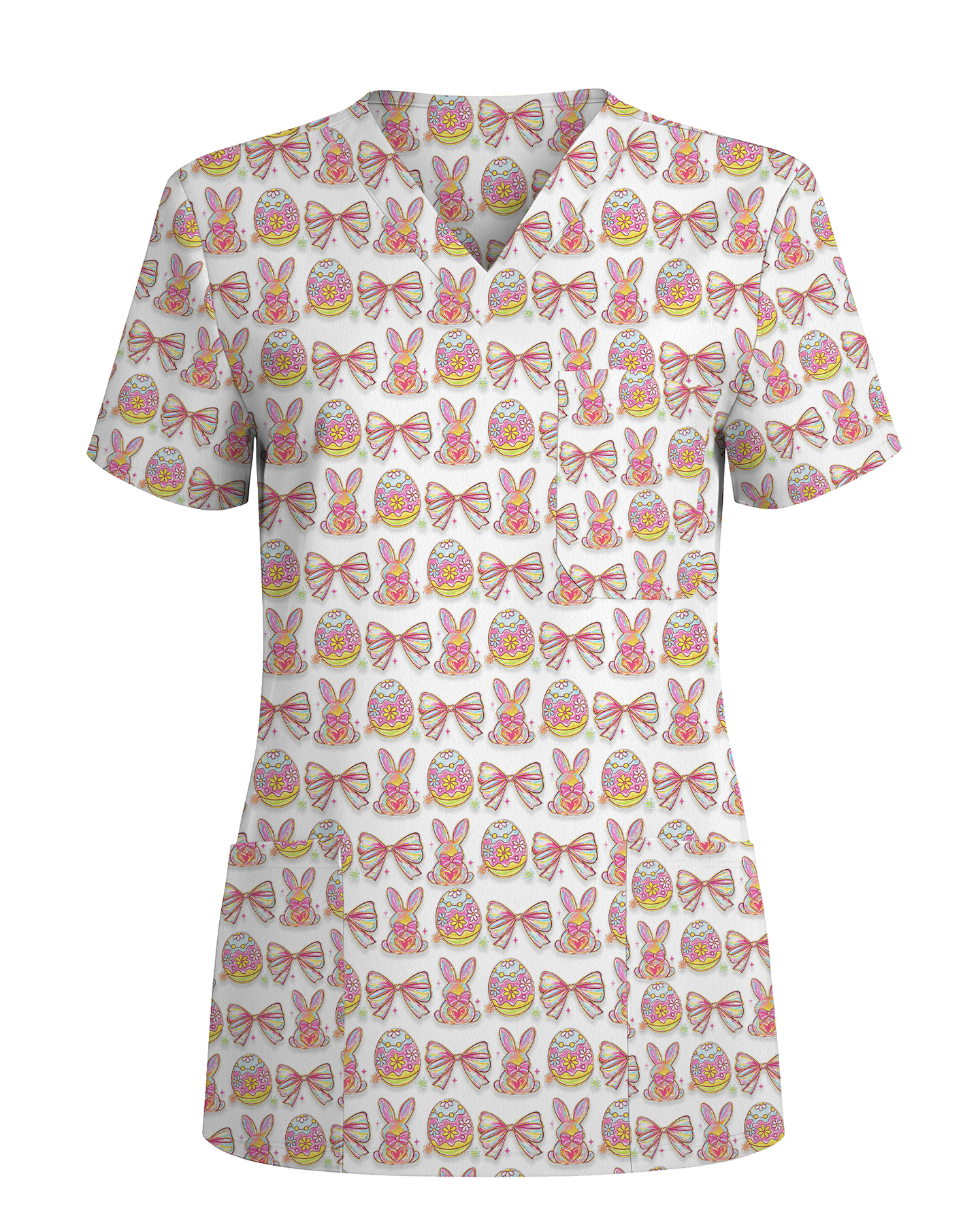 Pastel Easter Bunny & Bows Cute Nurse Scrub Top