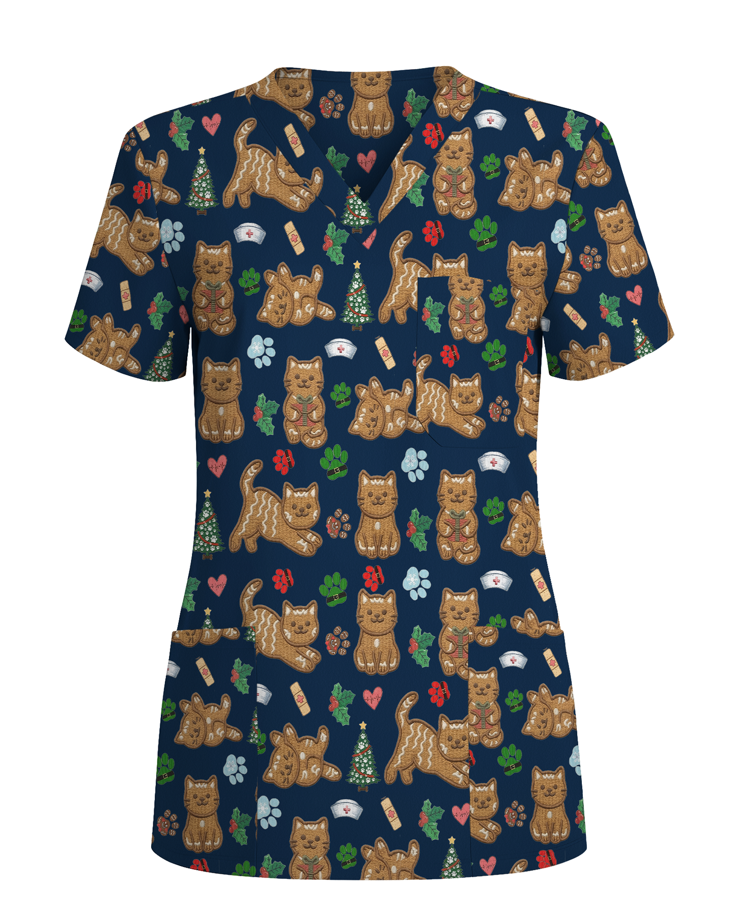 Cute Gingerbread Cat Christmas Medical Nurse Scrub Top