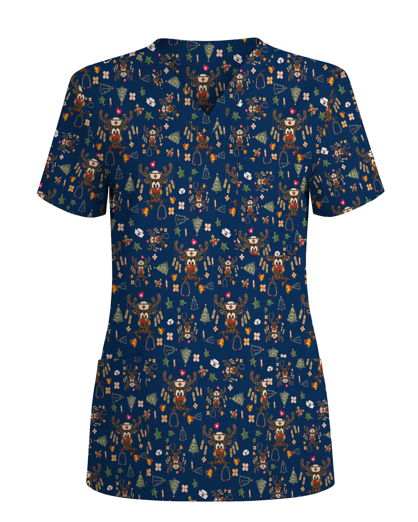 Funny Reindeer Nurse Christmas Scrub Top