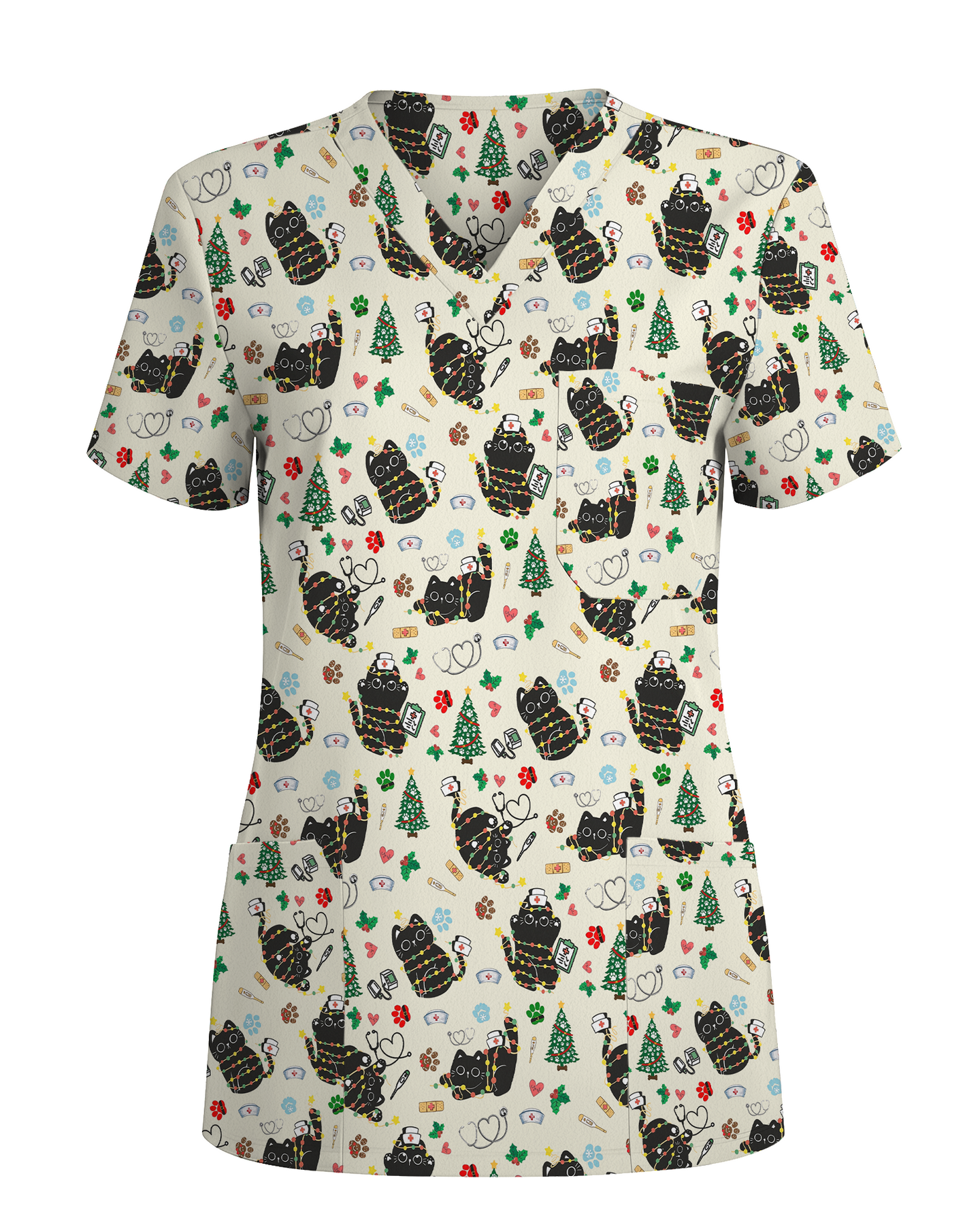 Cute Black Cat Christmas Medical Scrub Top