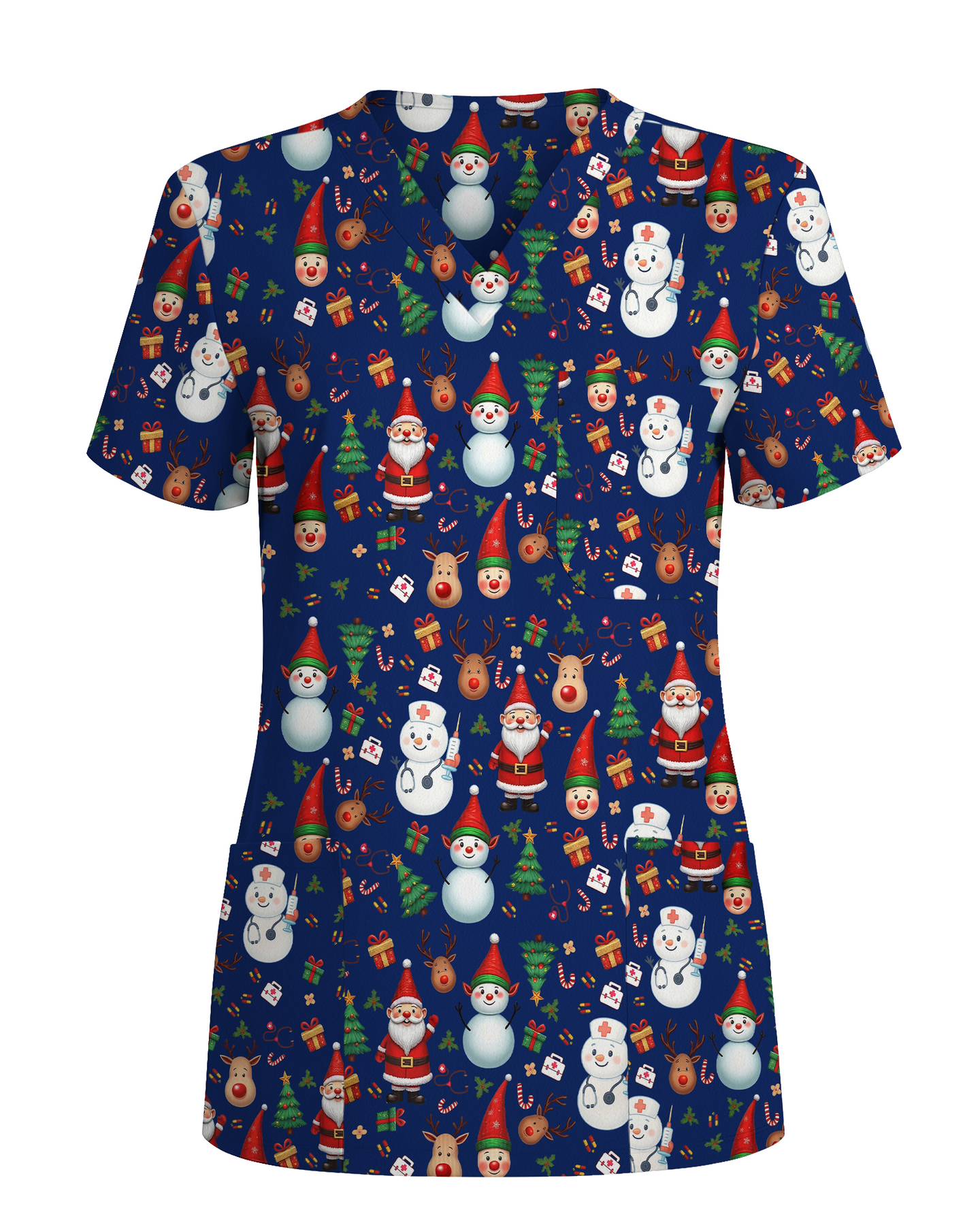 Cute Christmas Rudolph & Santa Medical Scrub Top