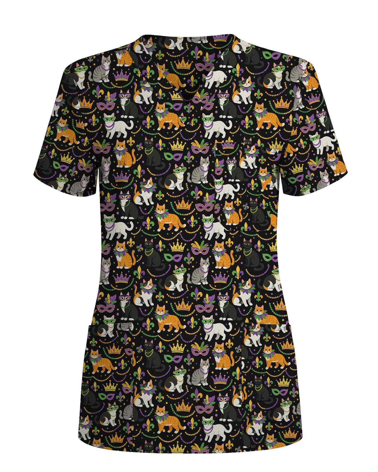 Festive Mardi Gras Cats Medical Scrub Top