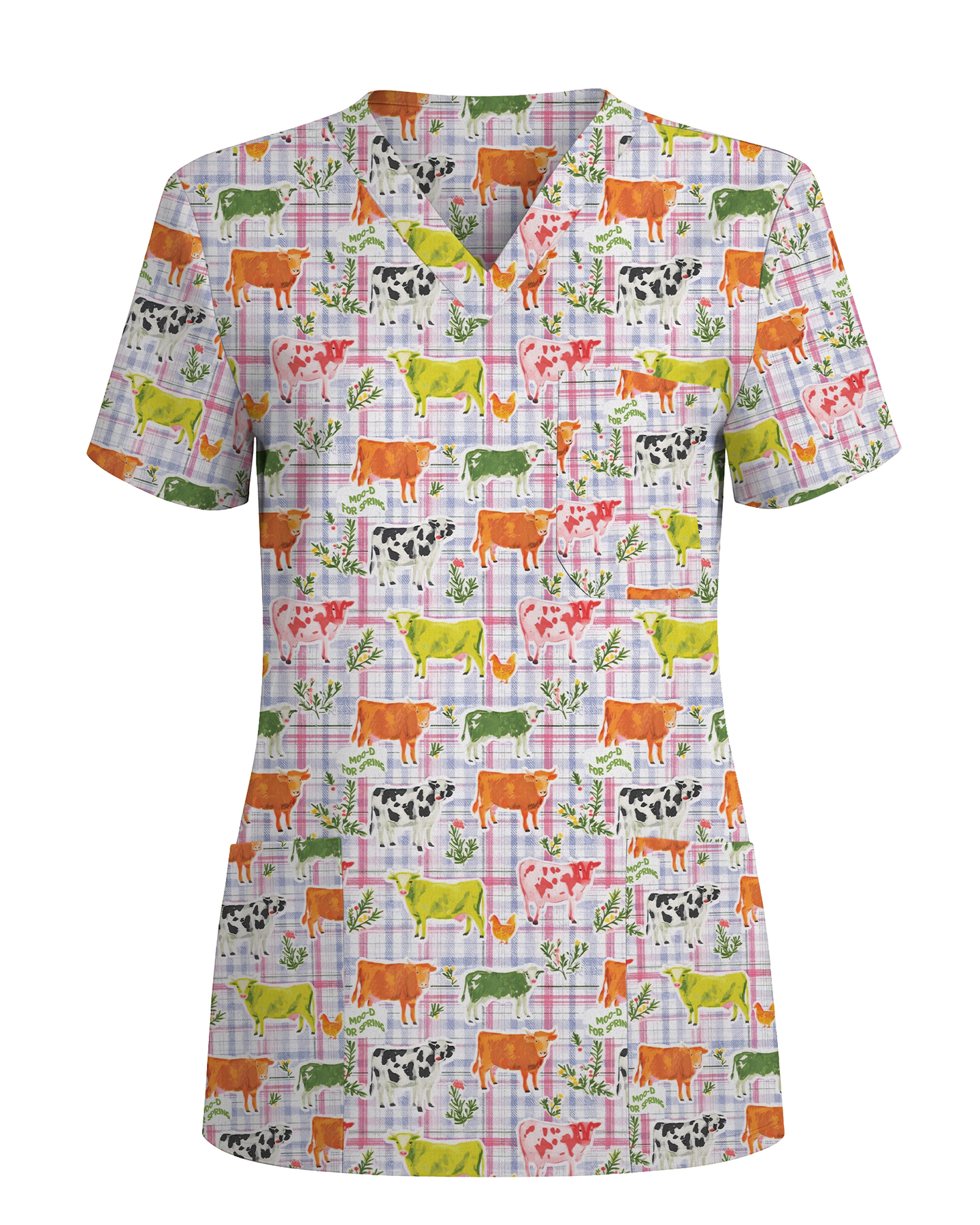 Moo-d For Spring Colorful Cow Nurse Scrub Top