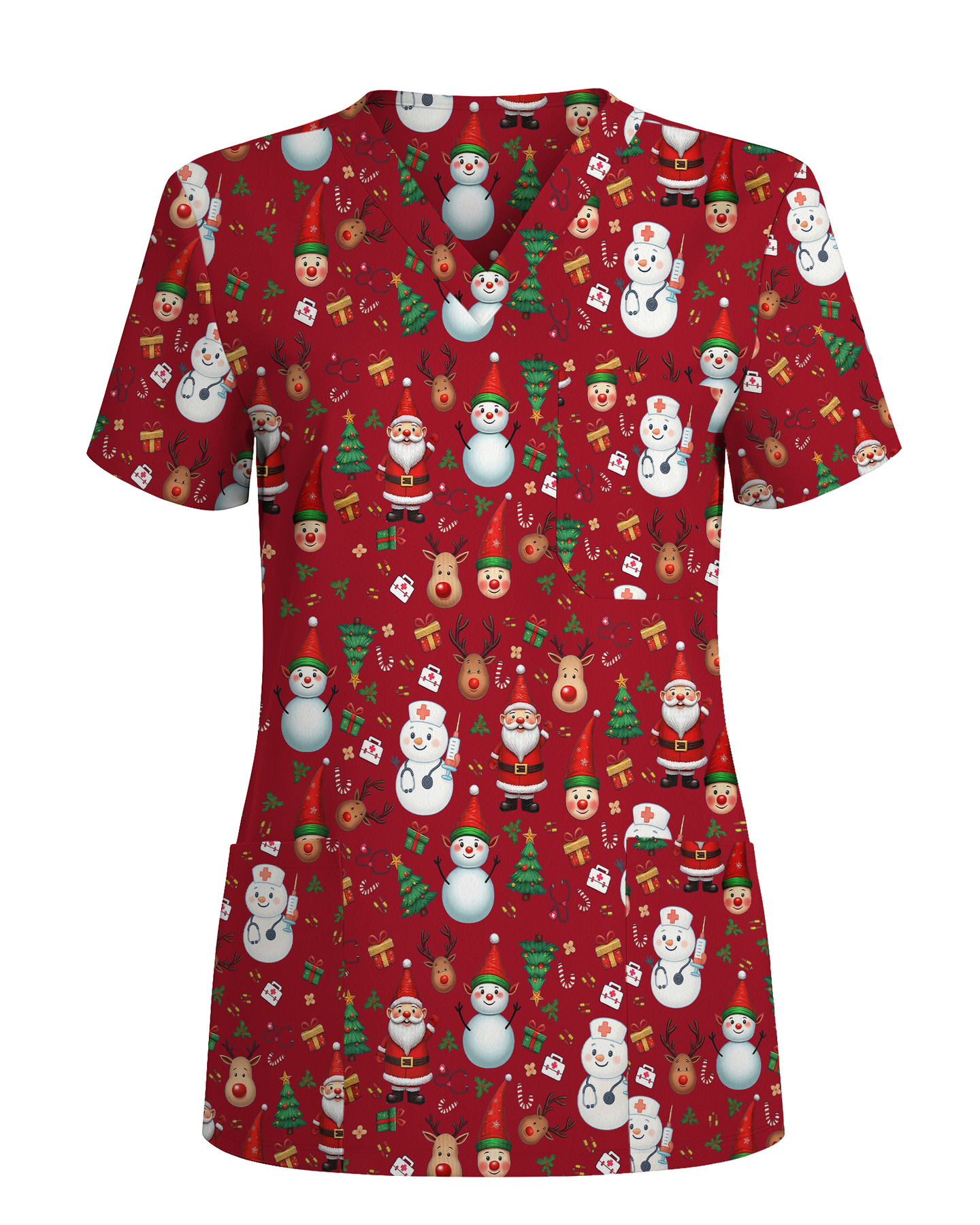 Cute Christmas Rudolph & Santa Medical Scrub Top