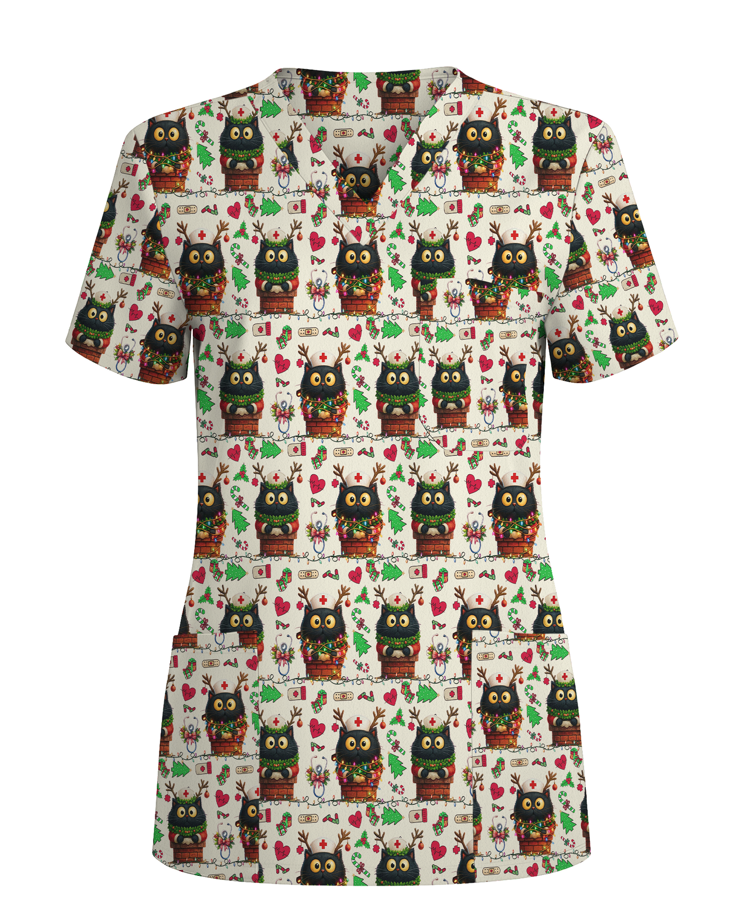 Cute Christmas Black Cat Nursing Scrub Top
