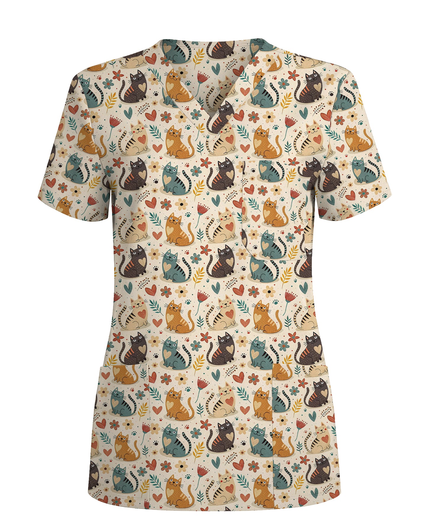 Whimsical Boho Cats Nursing Scrub Top