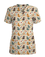 Whimsical Boho Cats Nursing Scrub Top