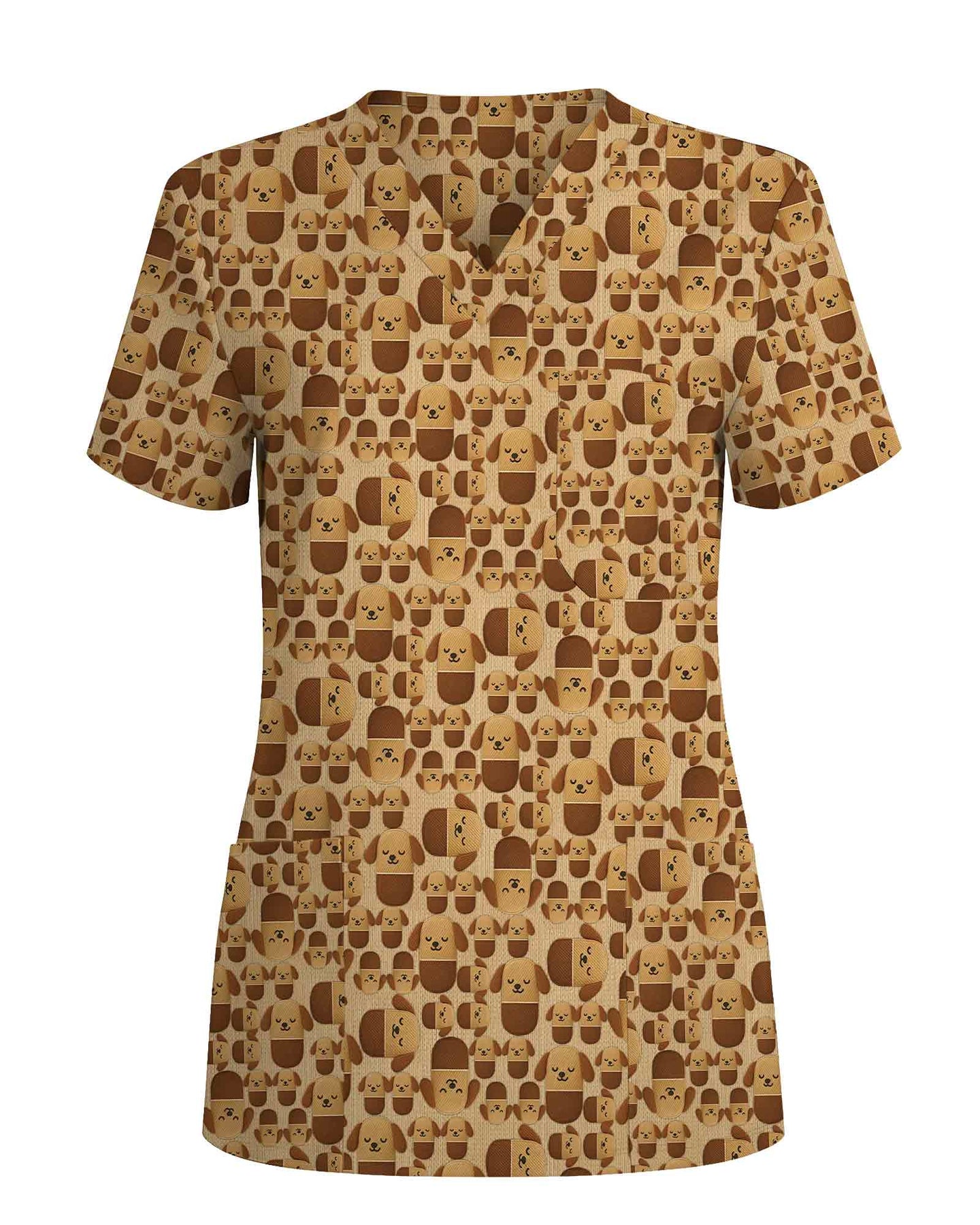 Brown Cute Dog Pill Capsule Scrub Top