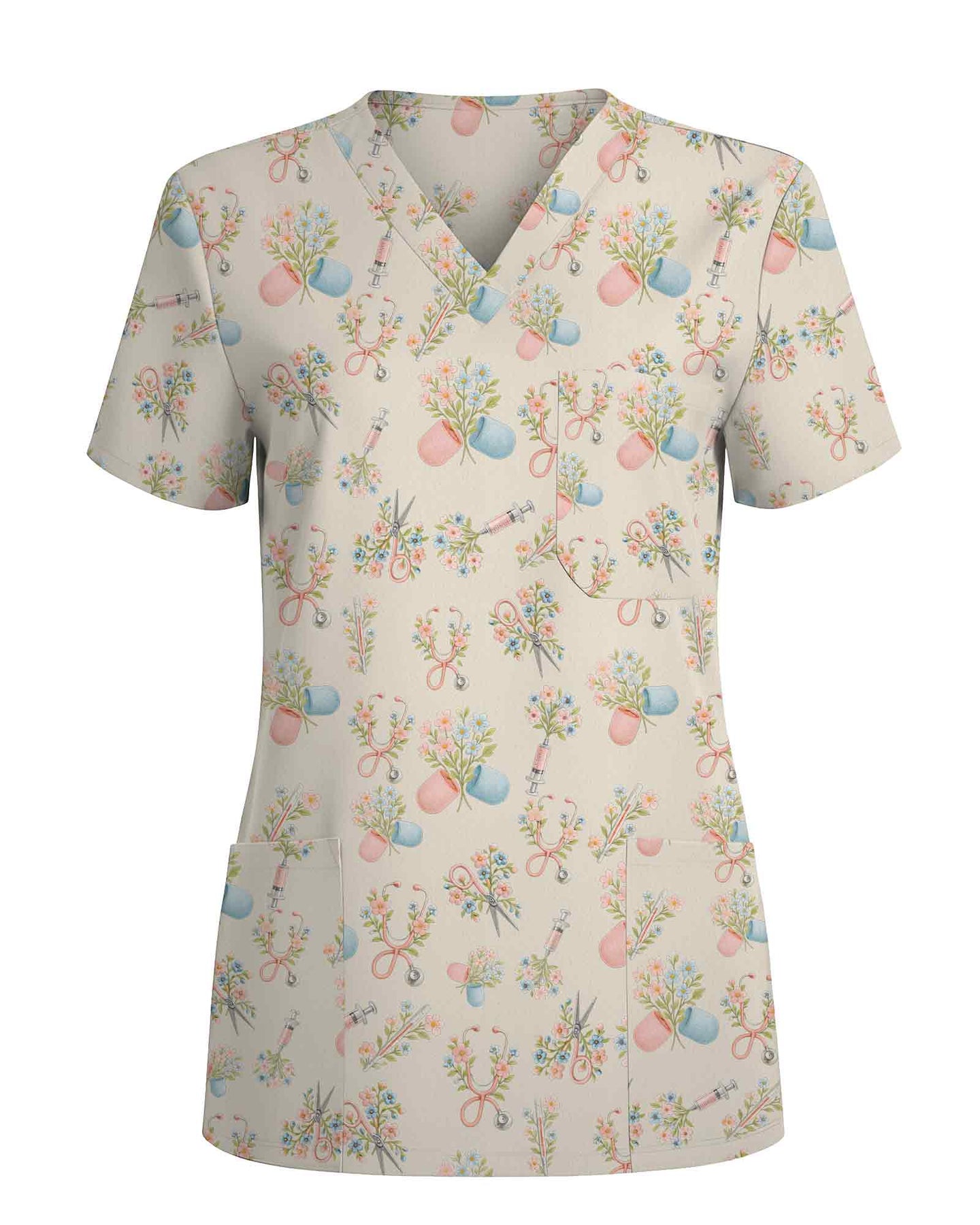 Pastel Floral Medical Stethoscope Scrub Top