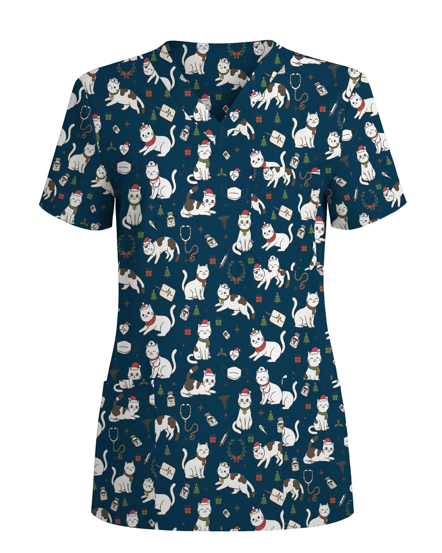 Cute Nurse Cat Christmas Medical Scrub Top