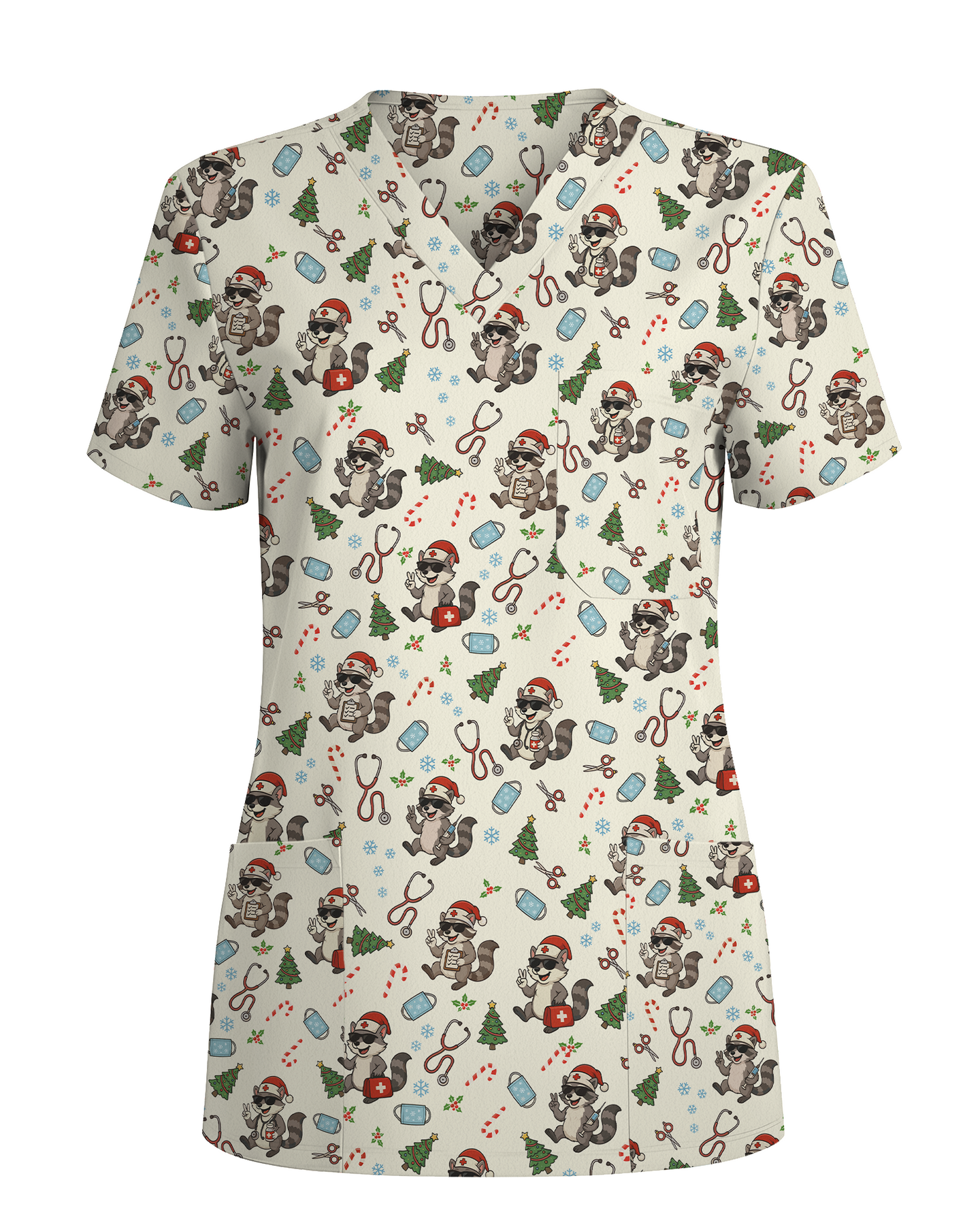Christmas Raccoon Holiday Nursing Scrub Top