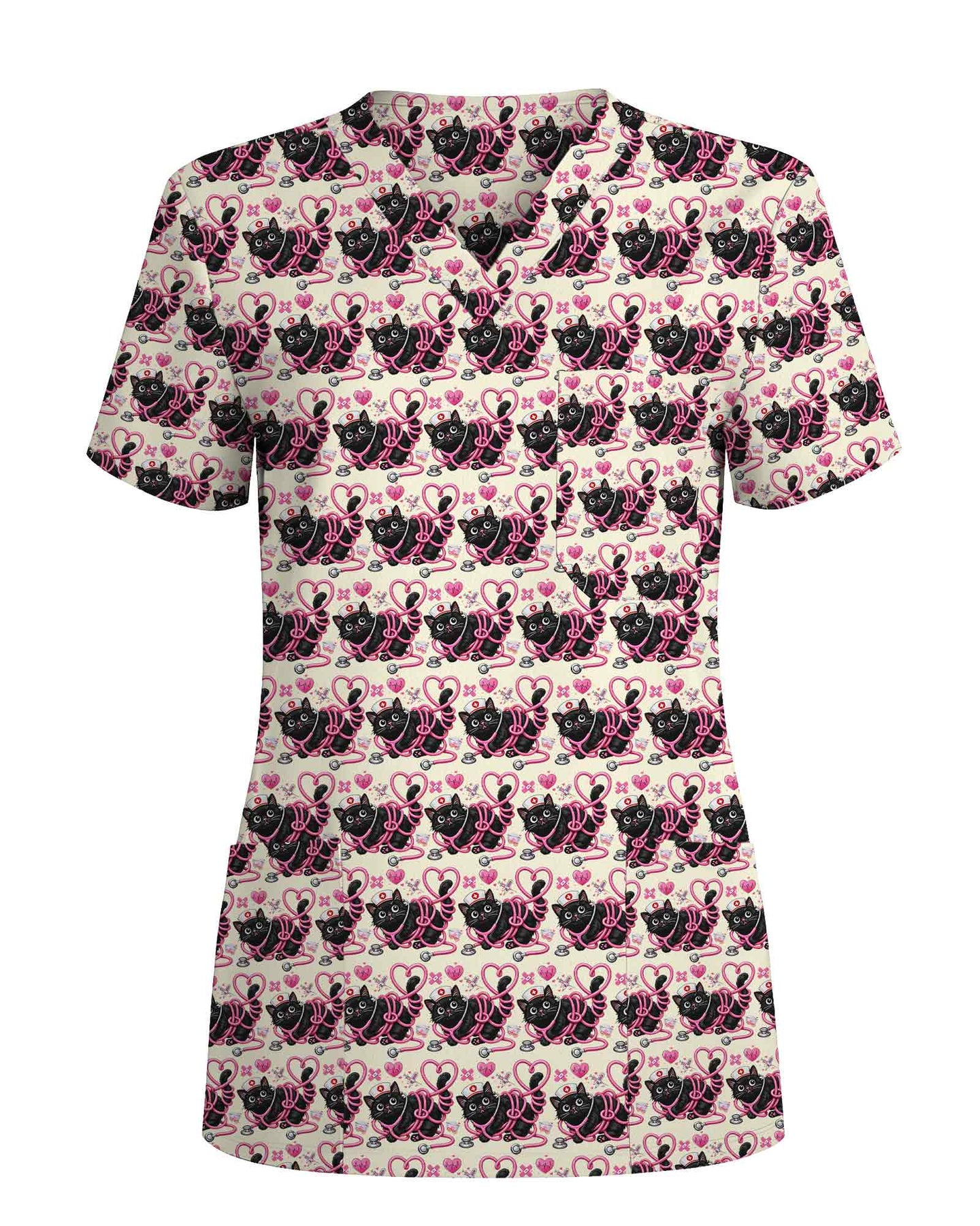 Black Cat Heart Stethoscope Medical Scrub Top