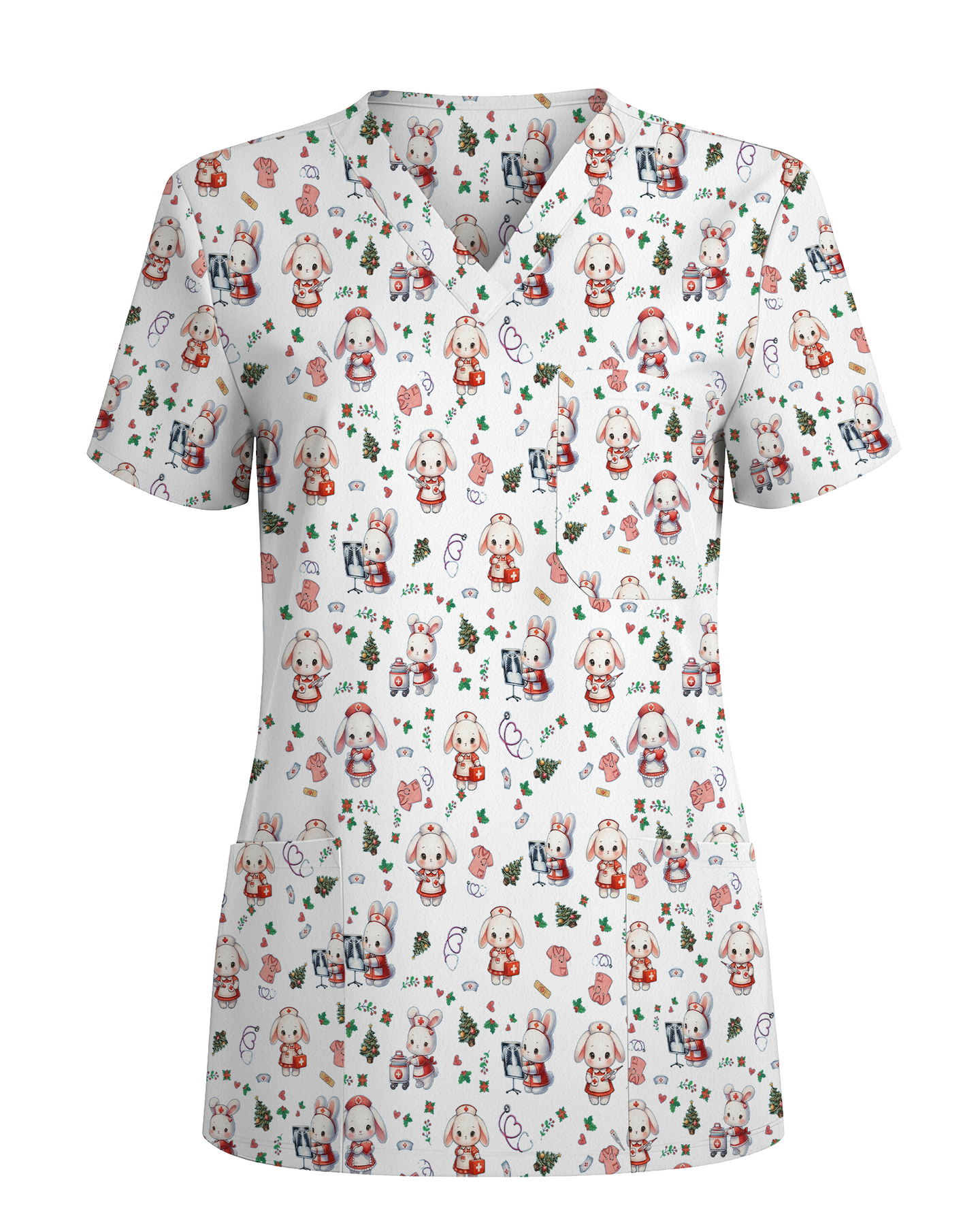 Cute Christmas Bunny Medical Scrub Top