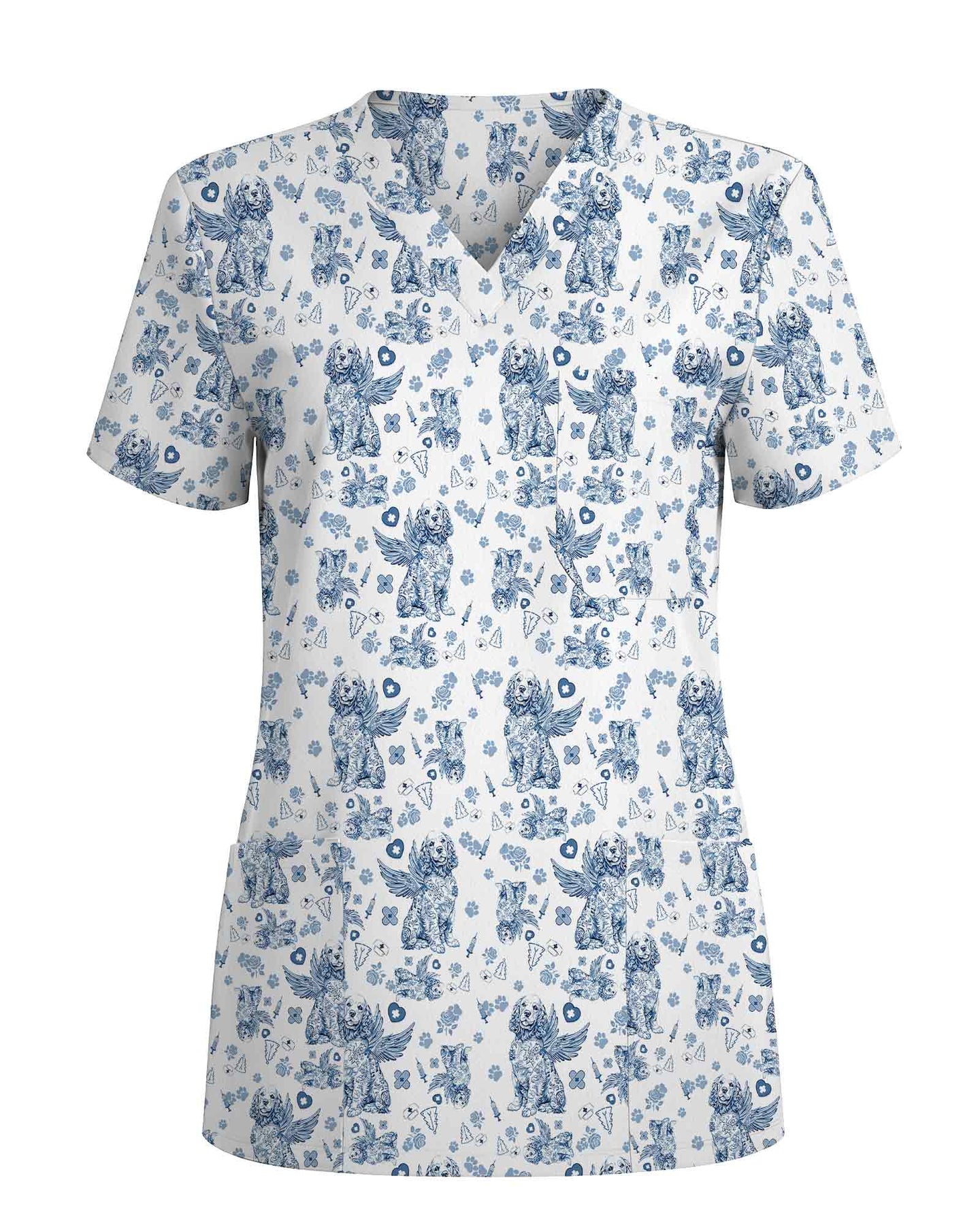Blue Toile De Jouy Angel Dog Scrub Top