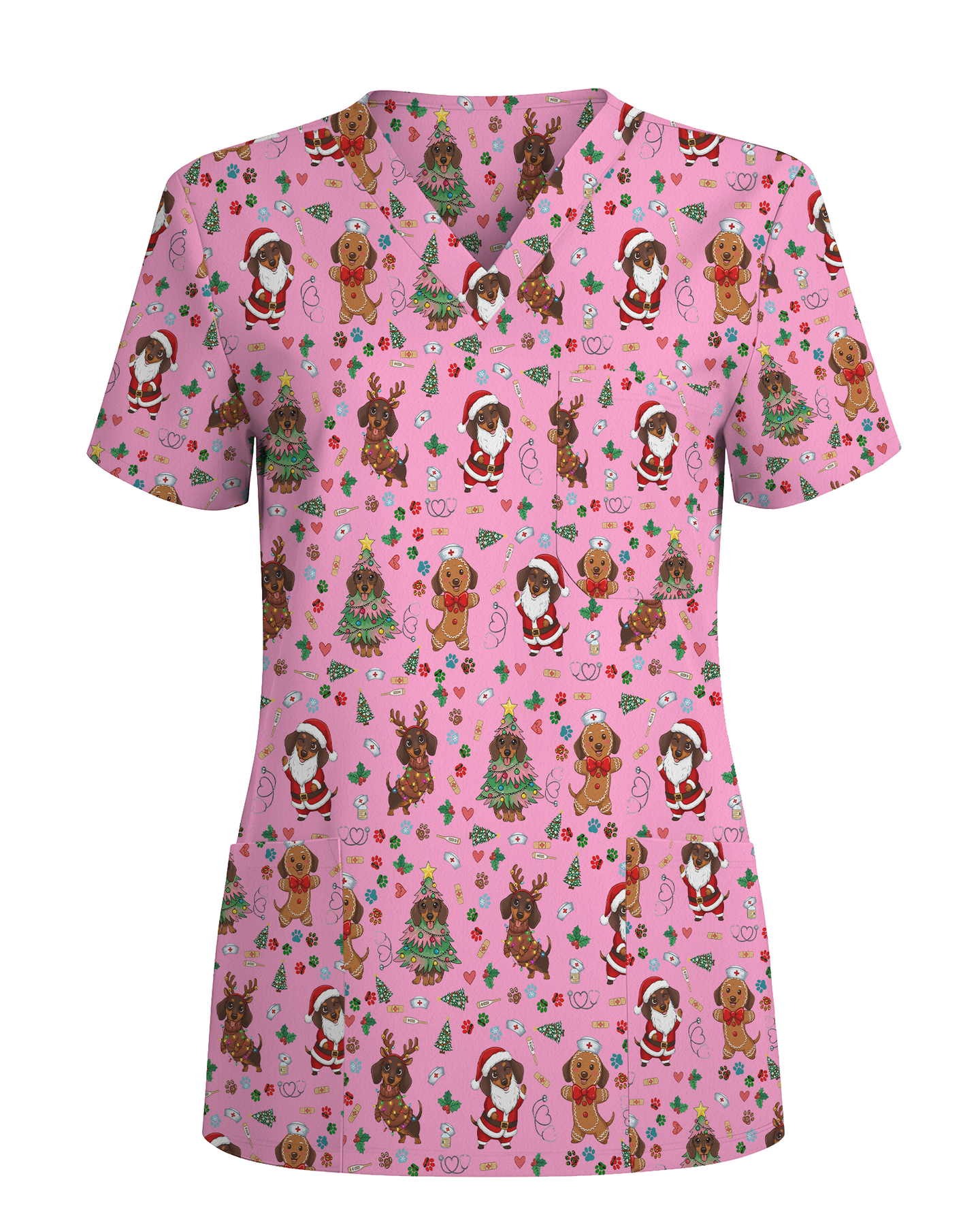 Cute Dachshund Christmas Medical Nurse Scrub Top