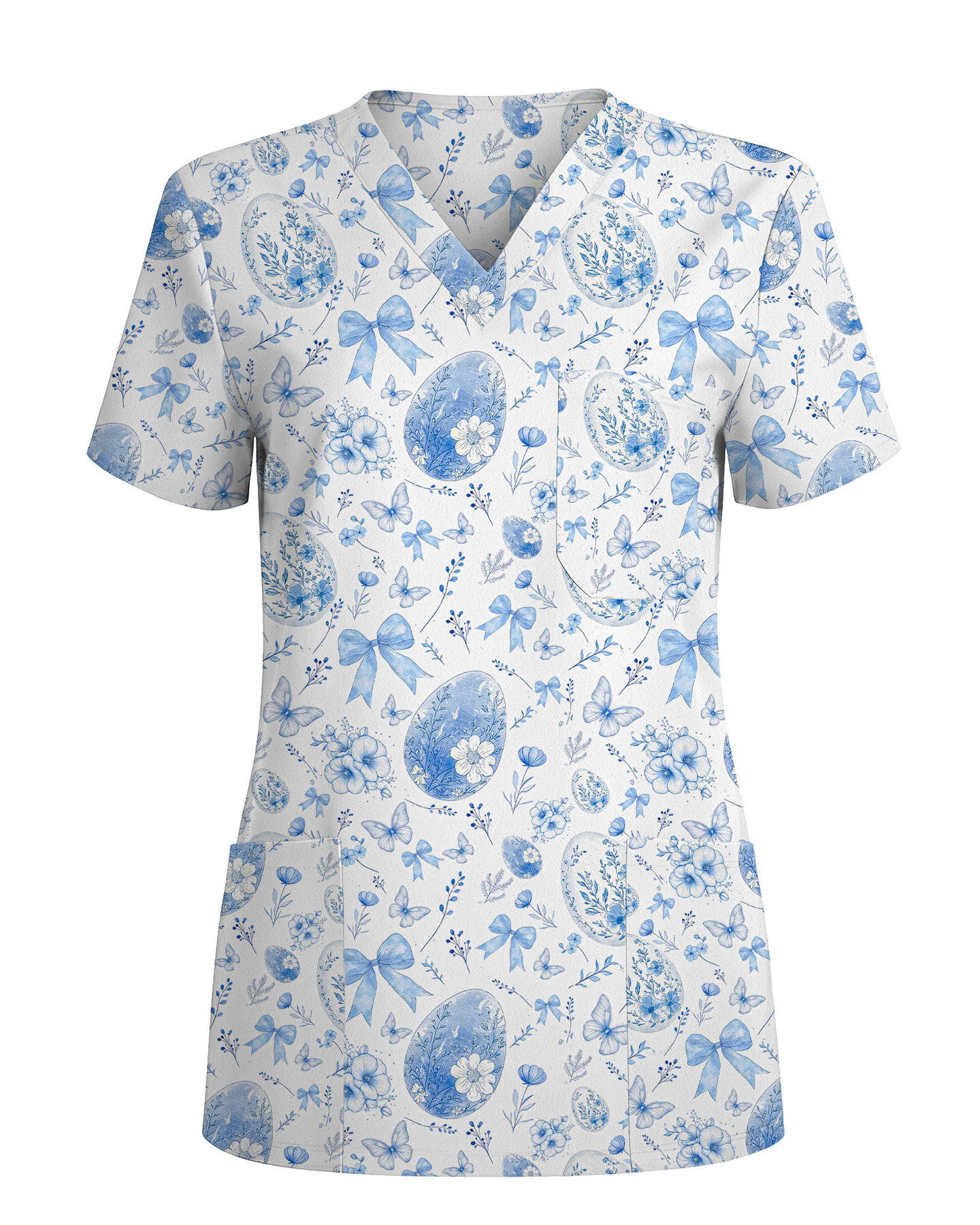 Elegant Blue and White Easter Egg Cute Nurse Scrub Top