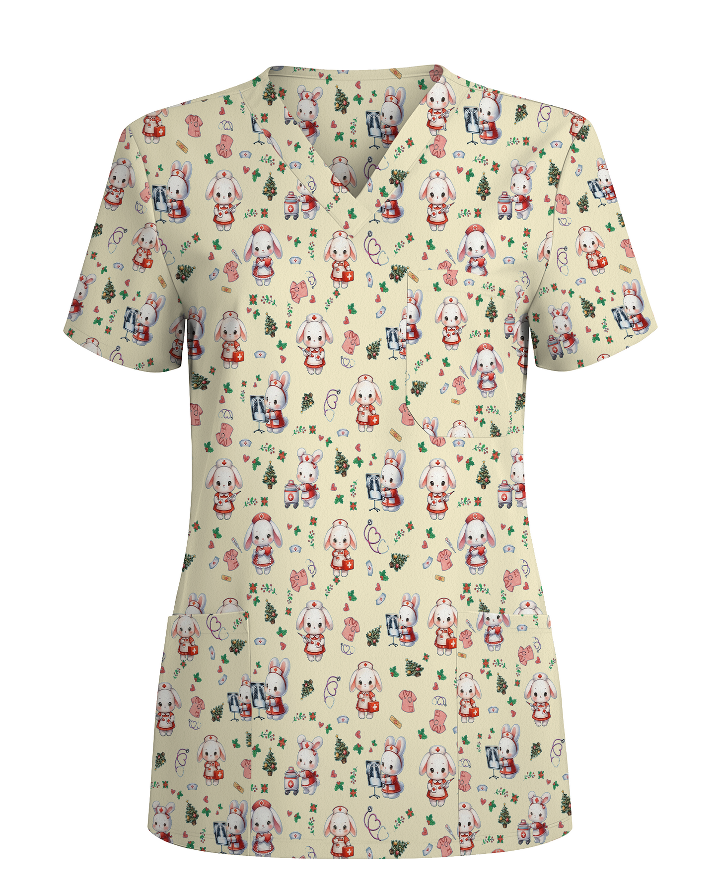 Cute Christmas Bunny Medical Scrub Top