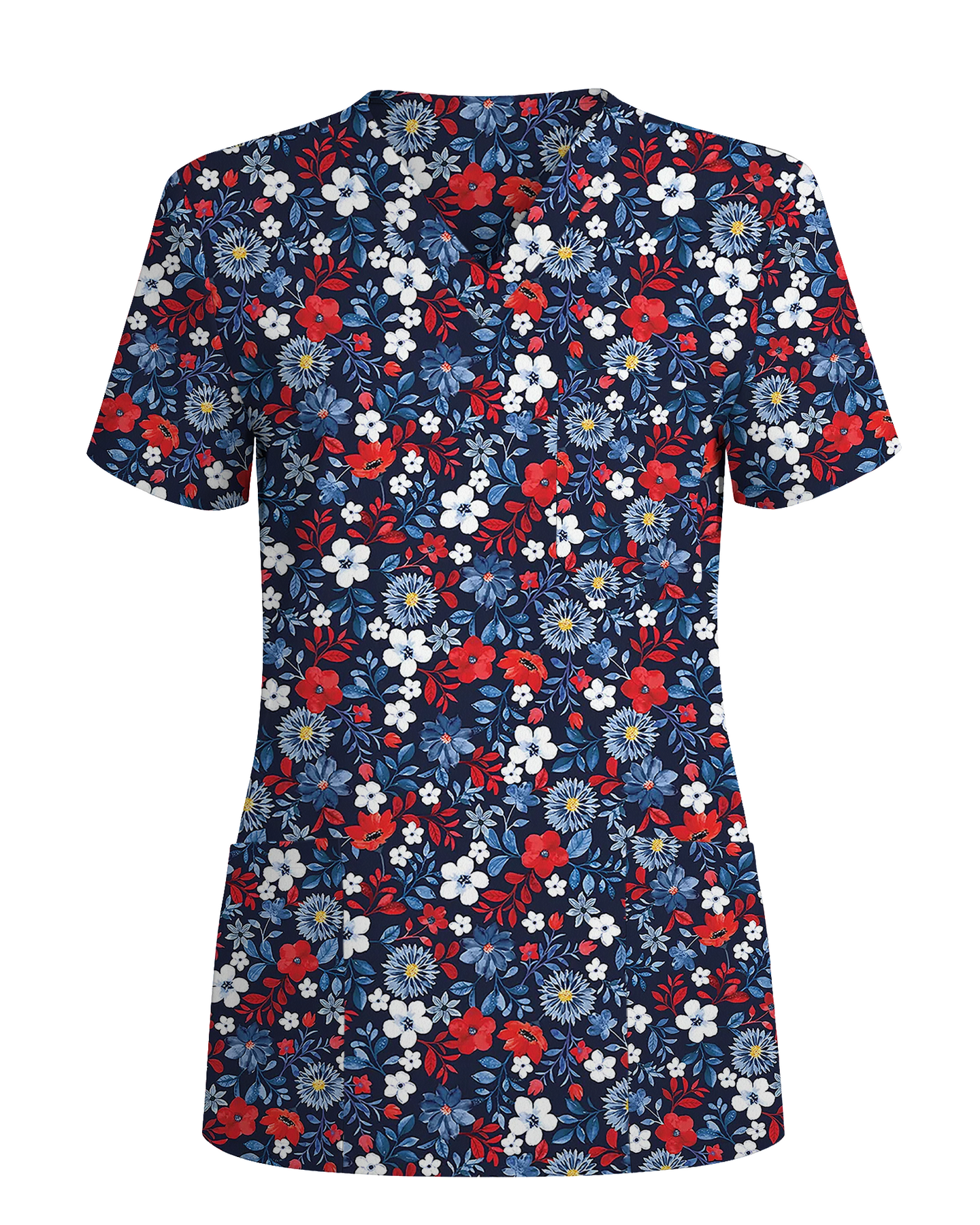 Patriotic Navy Floral Nursing Scrub Top
