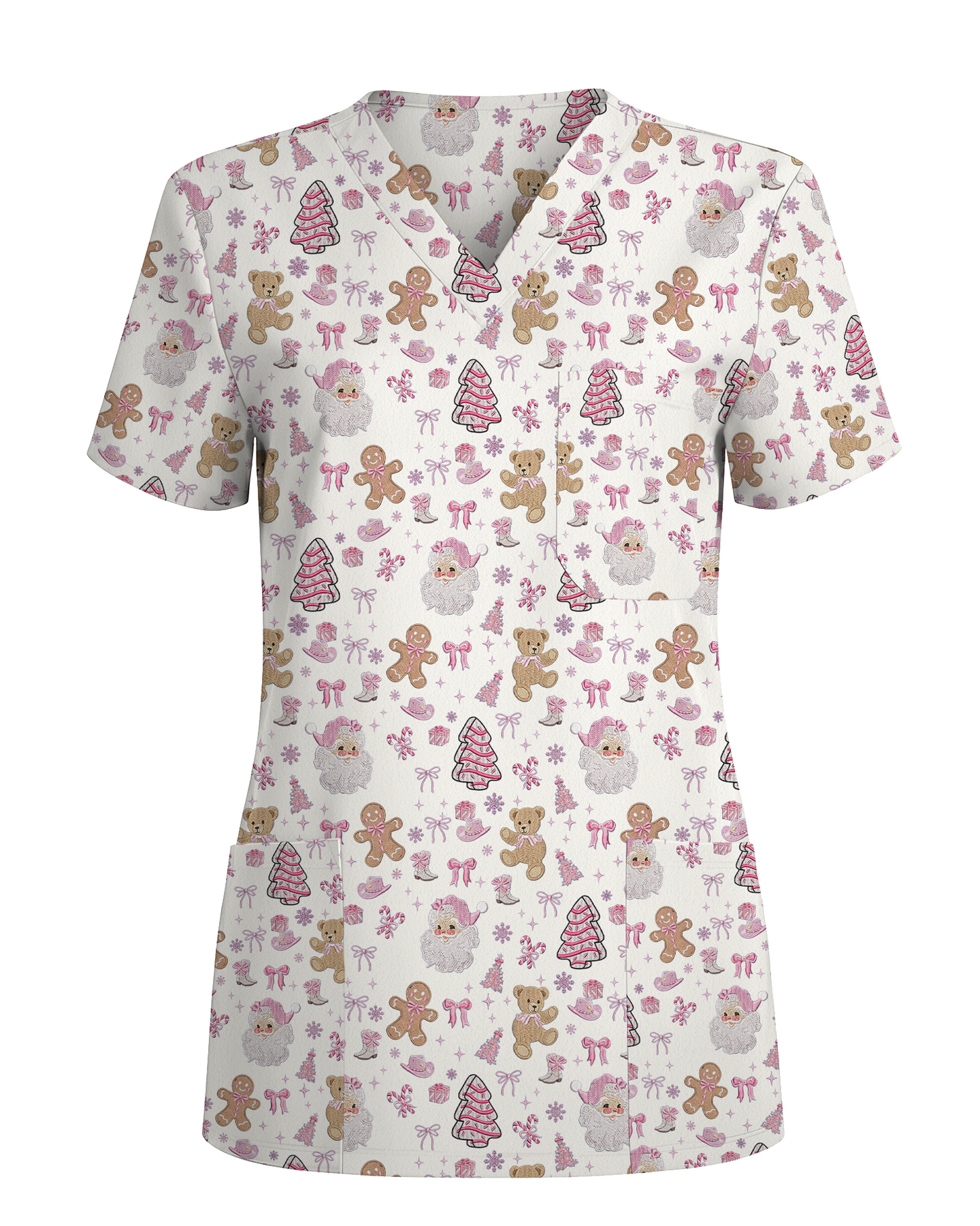 Cute Pink Christmas Vintage Santa Nurse Scrub Top