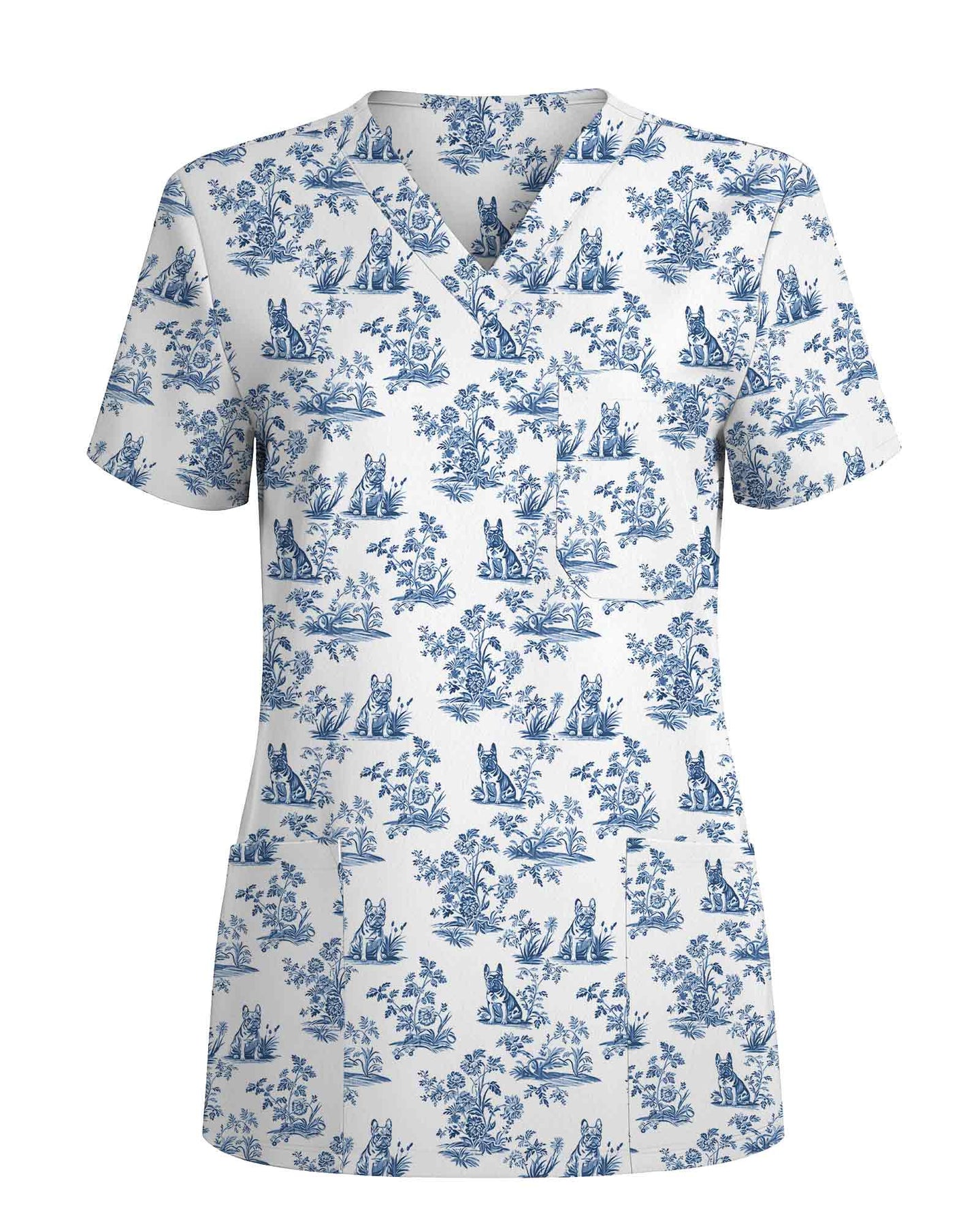 Blue Toile French Bulldog Scrub Top