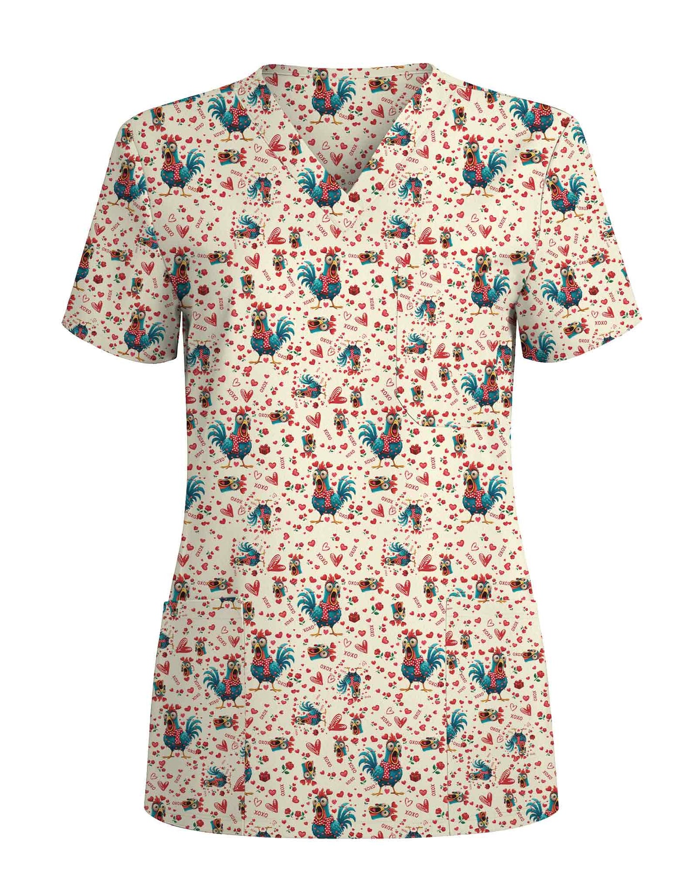 Cute Chicken Rooster Valentine Medical Scrub Top