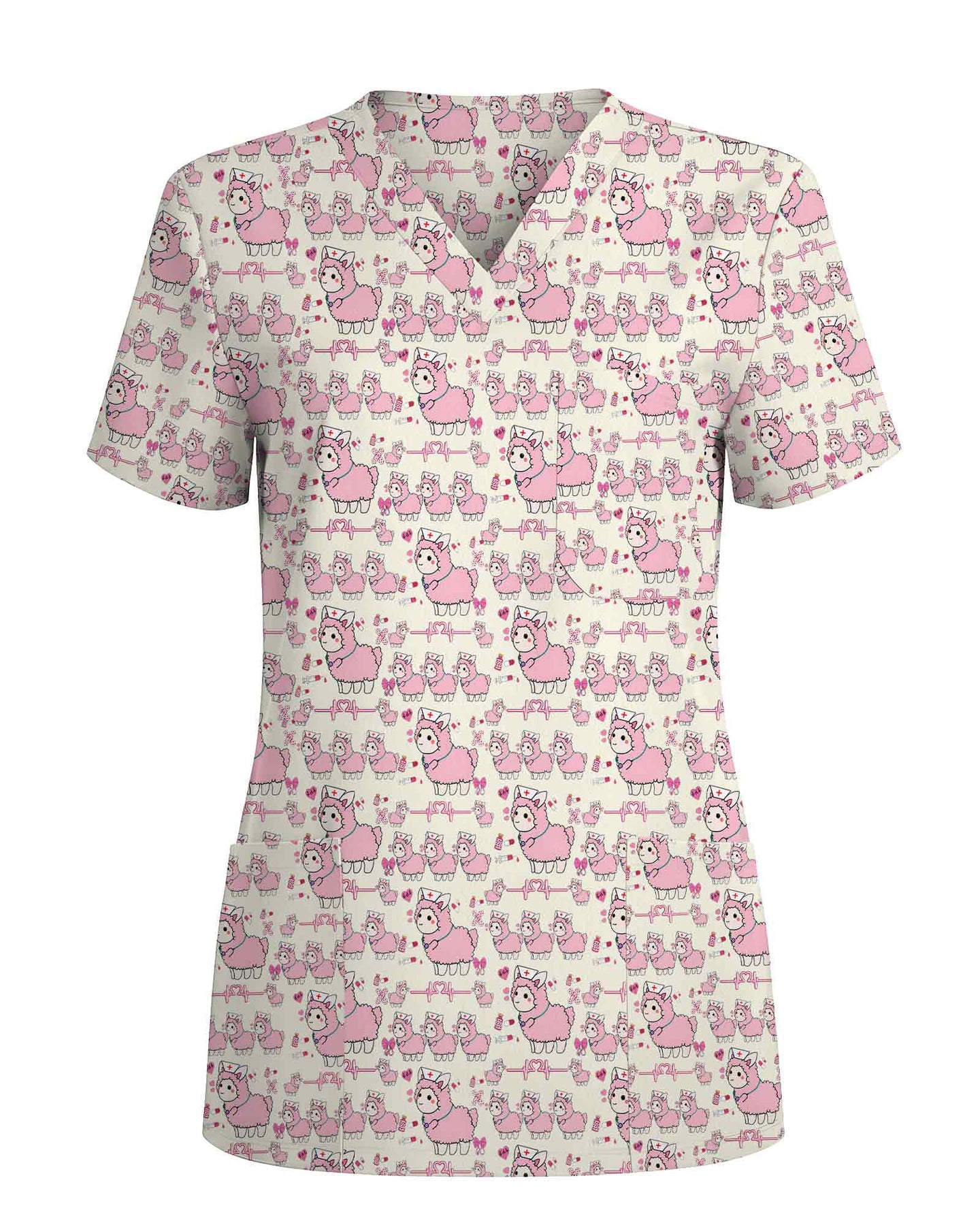 Pink Cute Llama Nurse Medical Scrub Top