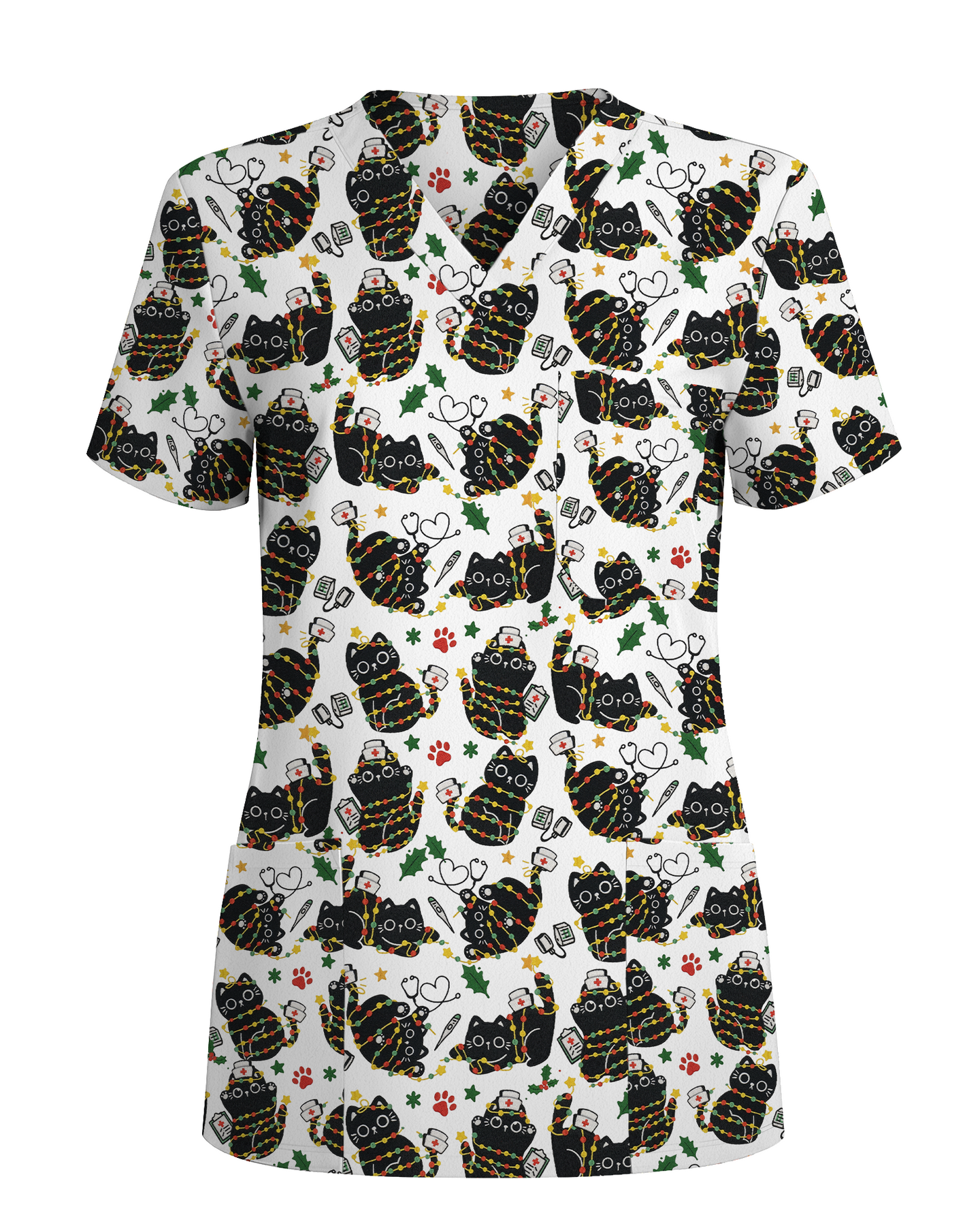 Merry Catmas Christmas Lights Black Cat Scrub Top