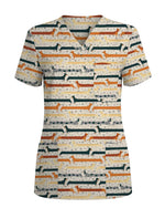 Playful Dachshund Striped Scrub Top