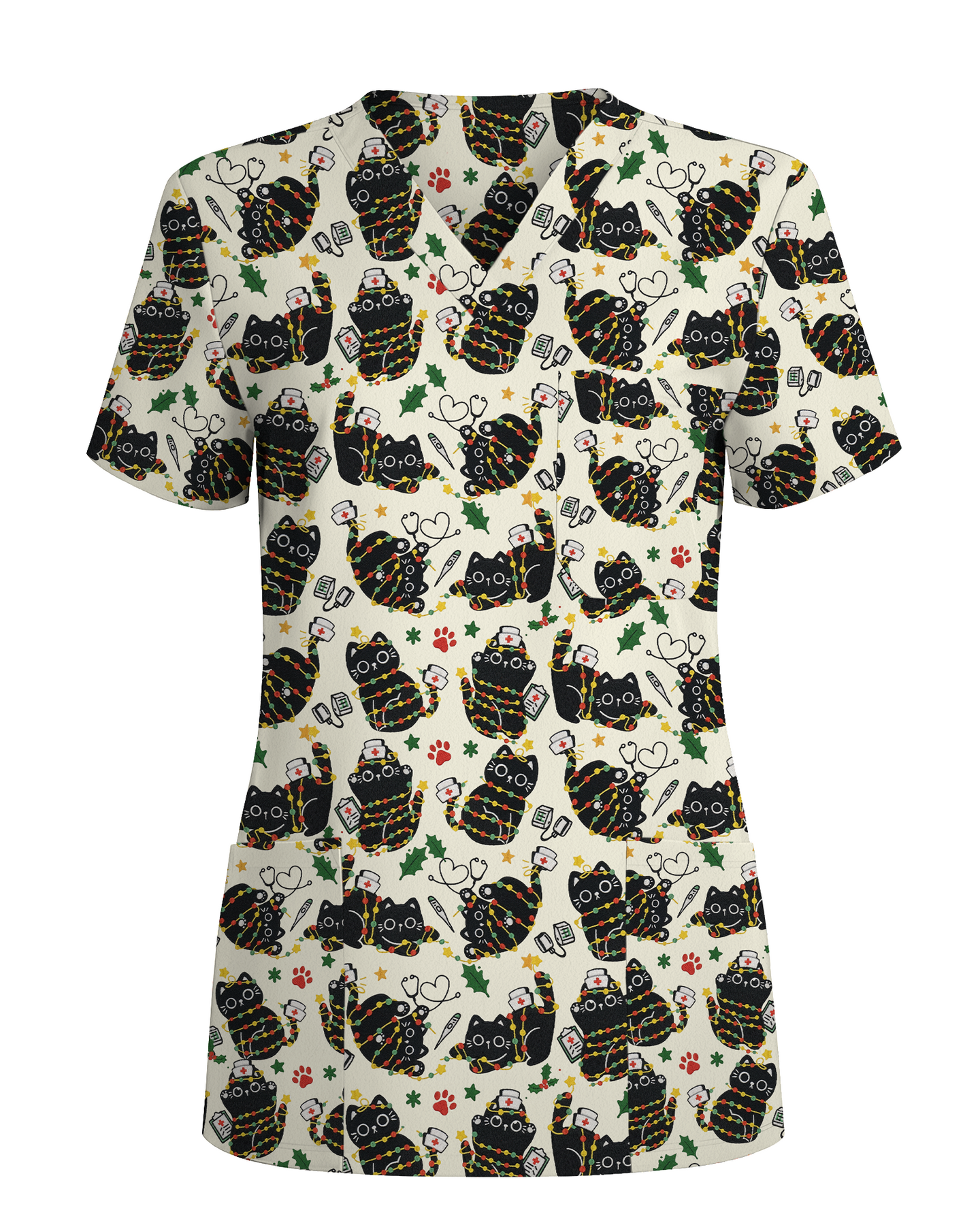Merry Catmas Christmas Lights Black Cat Scrub Top