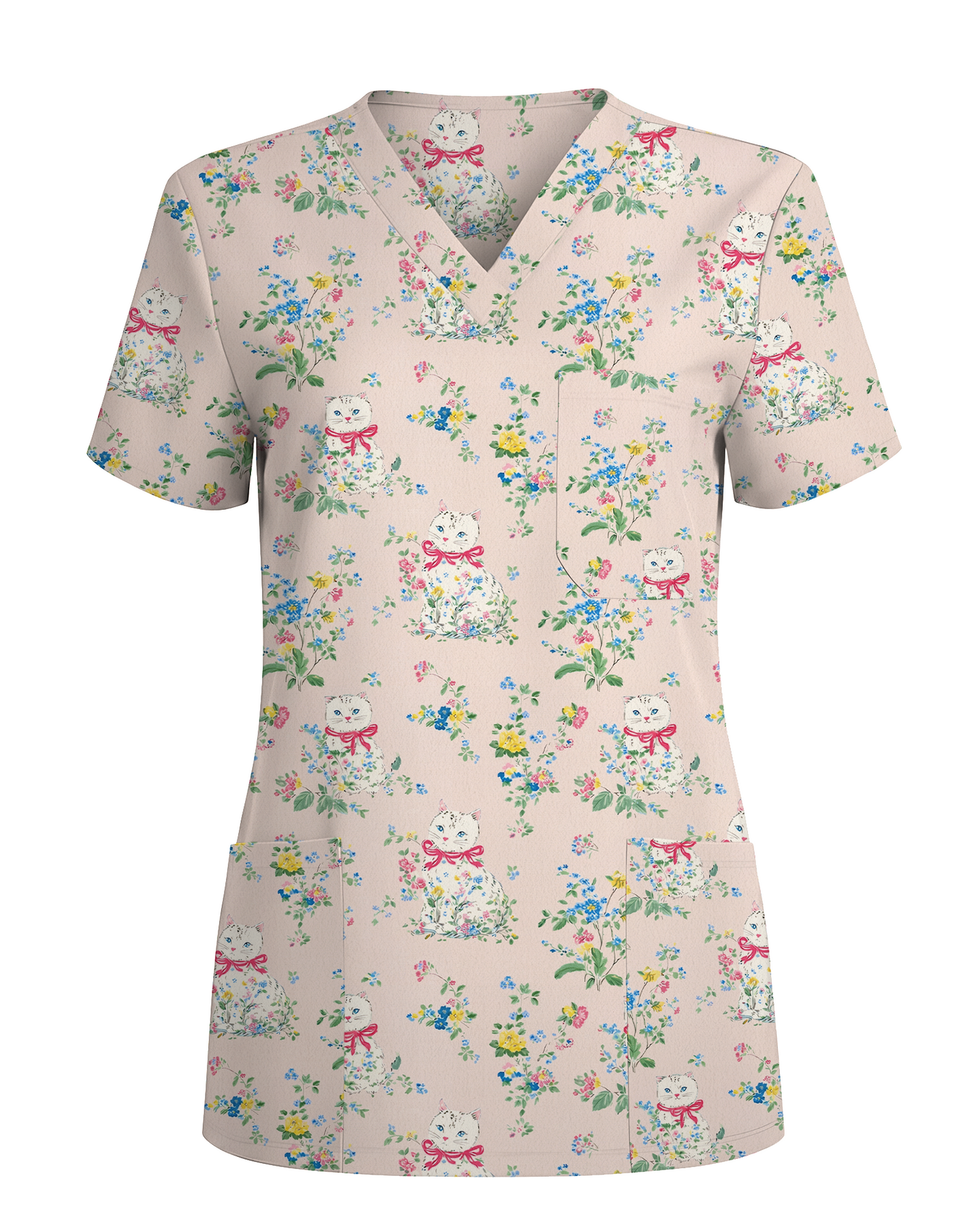 Vintage Coquette White Cat Floral Nurse Scrub Top