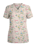 Vintage Coquette White Cat Floral Nurse Scrub Top