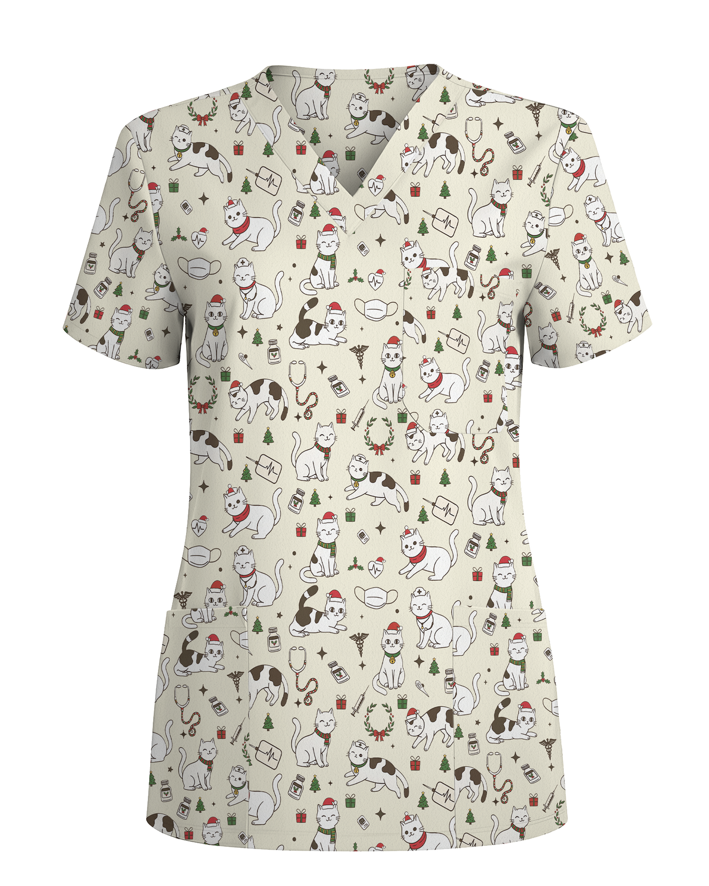Cute Nurse Cat Christmas Medical Scrub Top