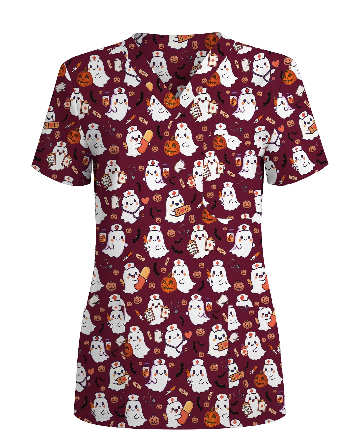 Spooky Cute Ghost Nurse Halloween Scrub Top