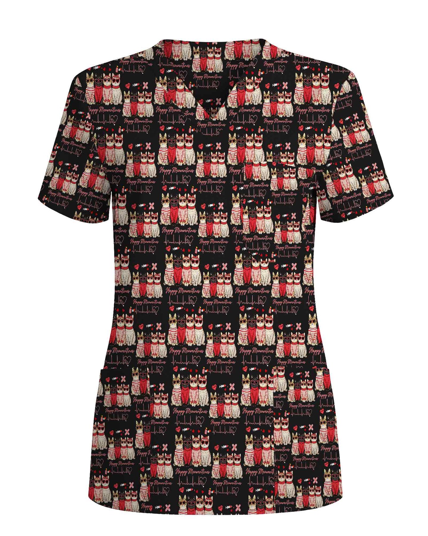 Cute Valentine Cat Heartbeat Scrub Top