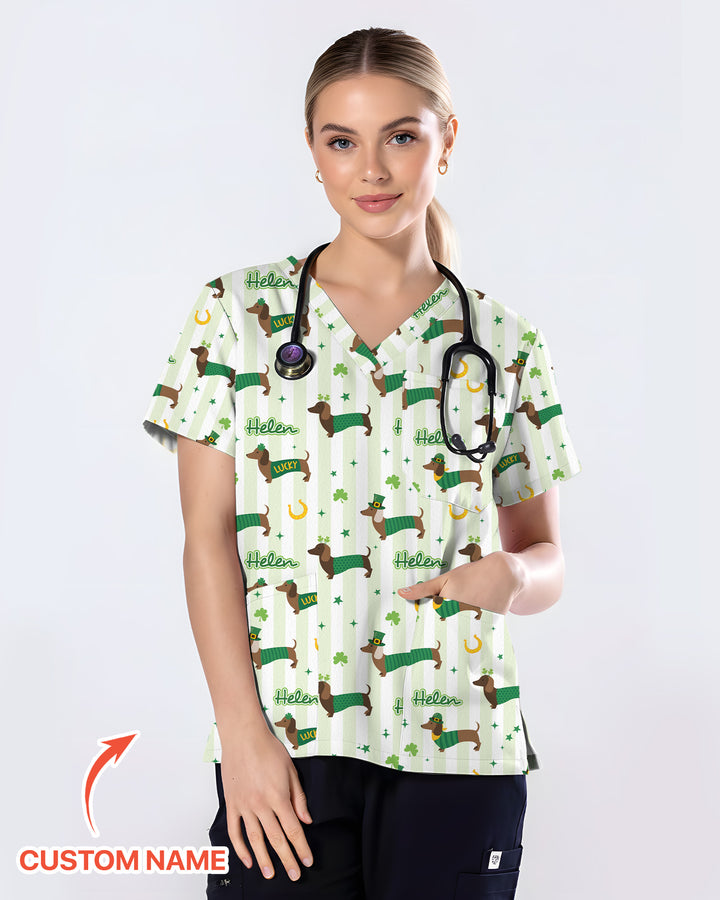 Lucky Dachshunds Patrick's Day Women Scrub Top