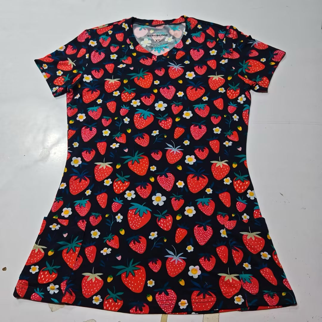 ScrubLoop Summer Strawberry Harvest Women Scrub Top