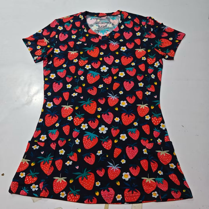 ScrubLoop Summer Strawberry Harvest Women Scrub Top