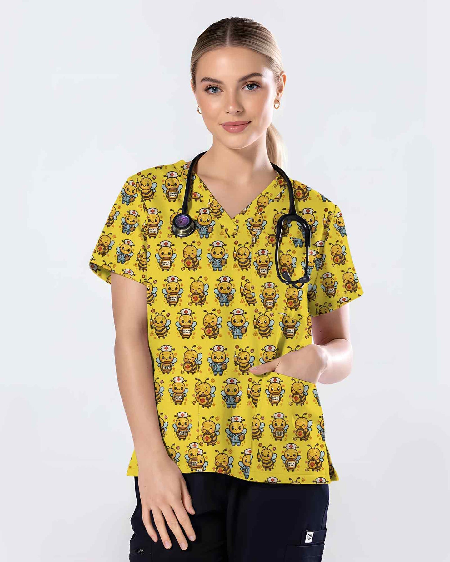 Yellow Cute Honey Bee Nurse Medical Scrub Top