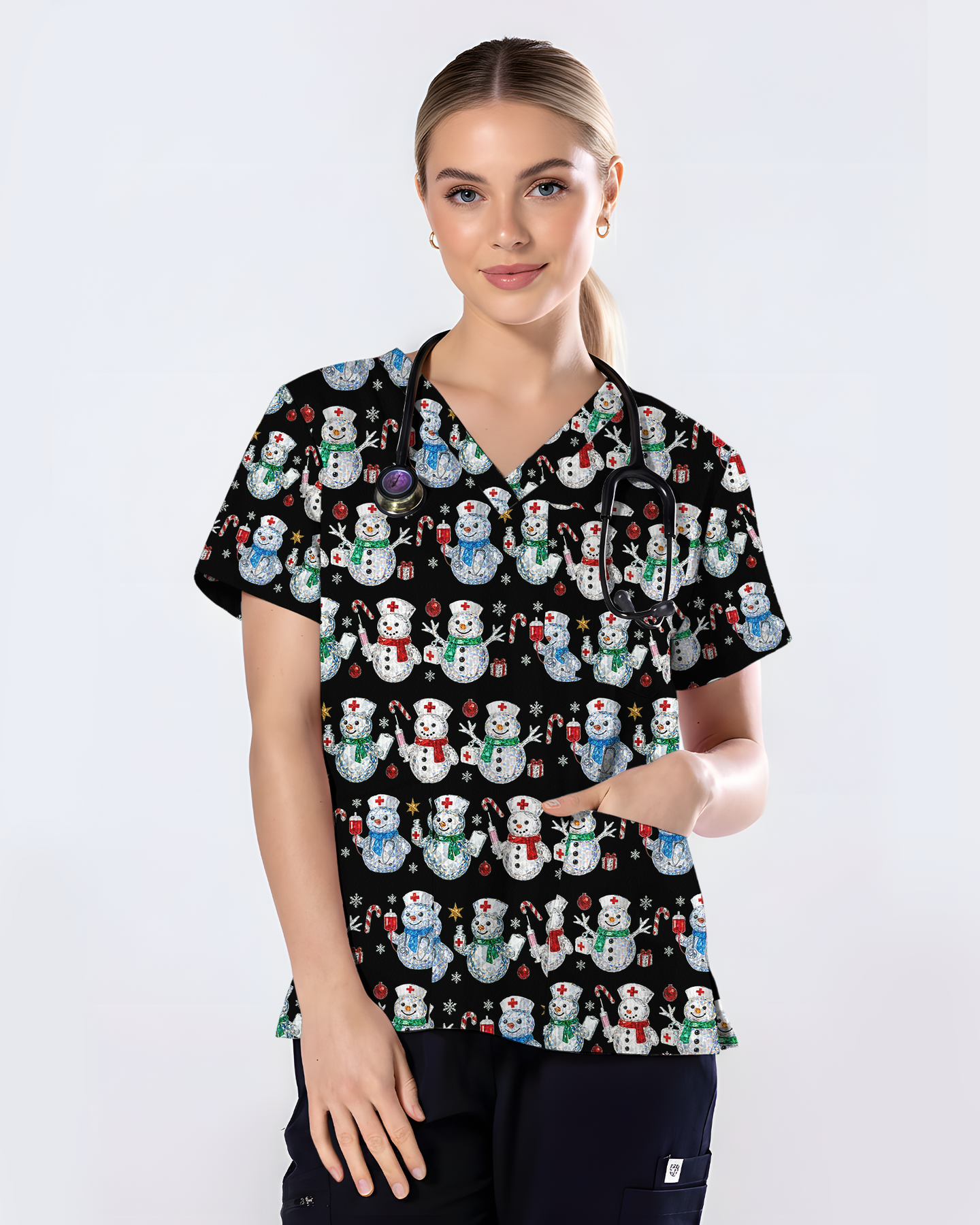 Funny Diamond Snowman Holiday Medical Scrub Top