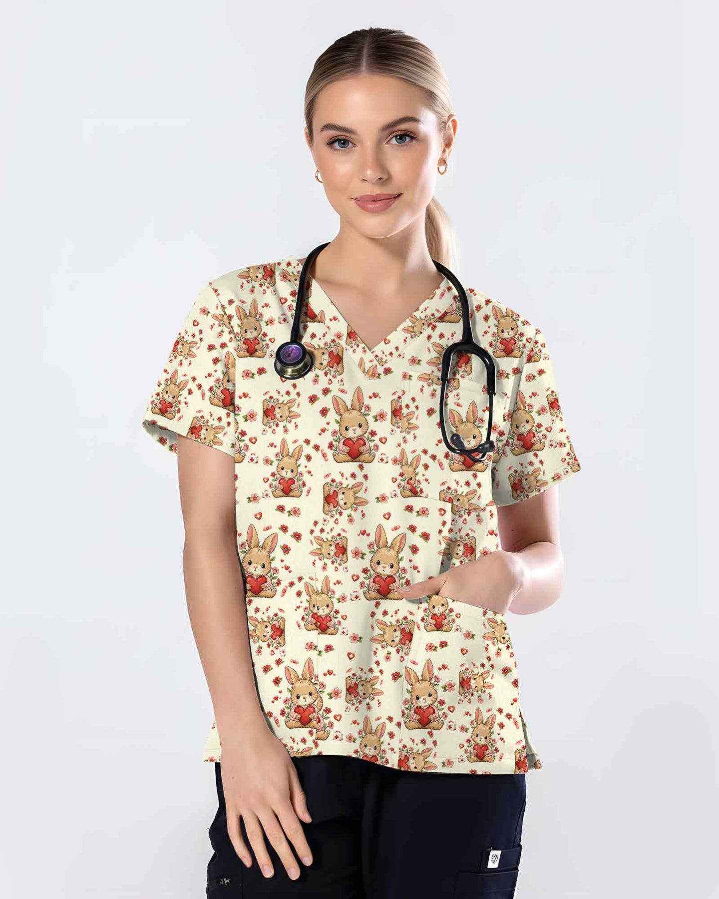 Lovely Bunny Rabbit Heart Medical Scrub Top