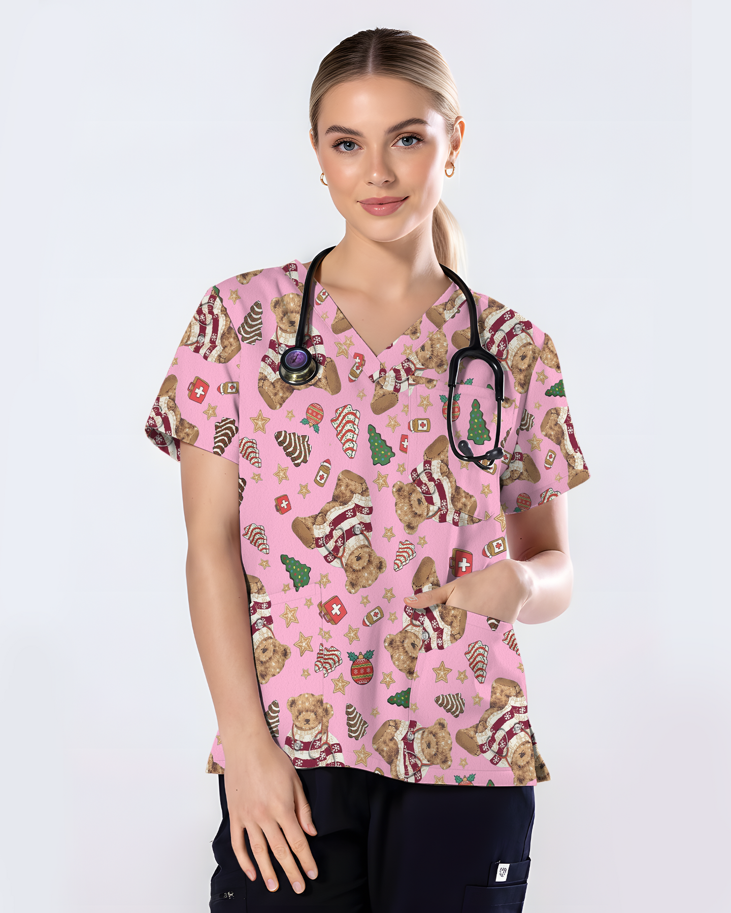 Cute Christmas Teddy Bear Medical Scrub Top