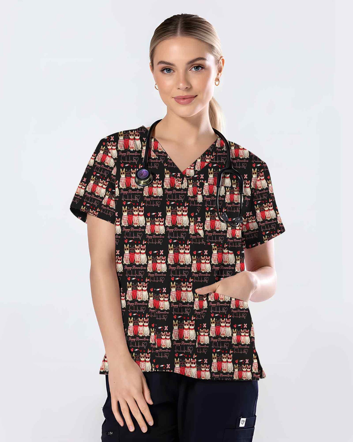 Cute Valentine Cat Heartbeat Scrub Top