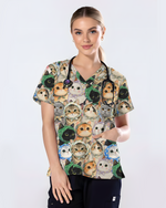 Cute Babushka Cat Headscarf Nurse Scrub Top