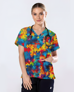 Tie-Dye Autism Awareness Puzzle Nurse Scrub Top