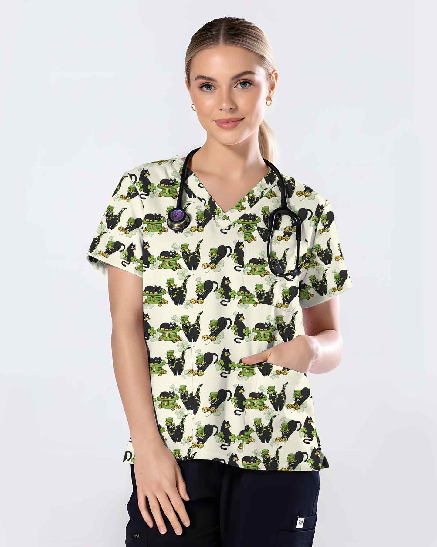 Black Cat Leprechaun Hat Medical Scrub Top
