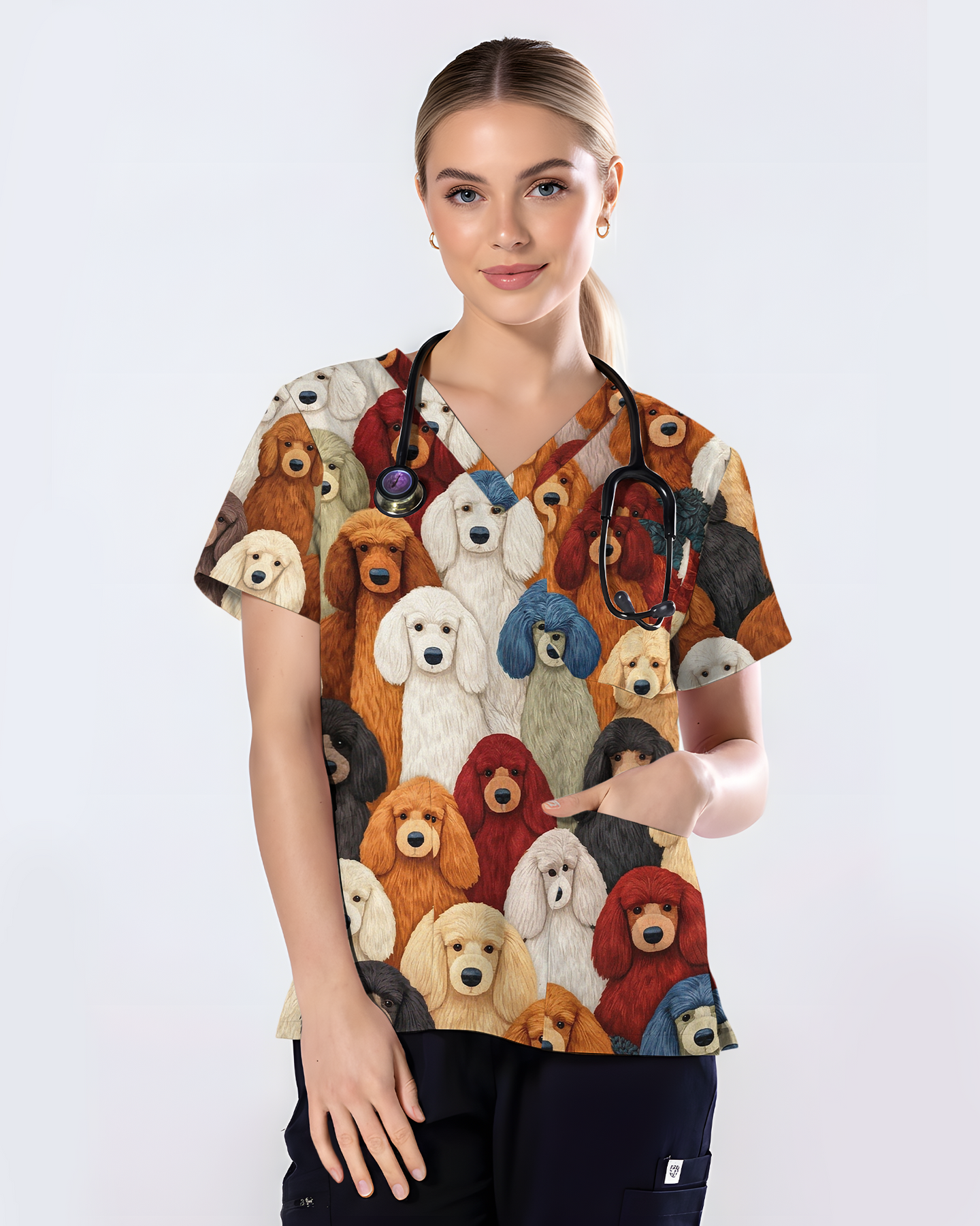 Adorable Colorful Poodles All Over Medical Scrub Top