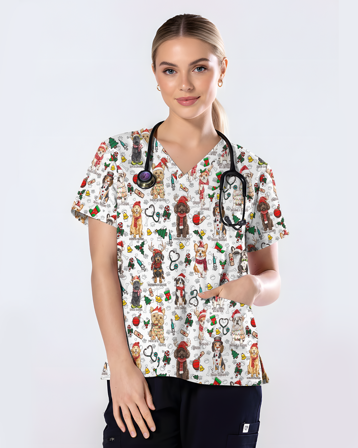 Cute Christmas Dog Breeds Medical Scrub Top