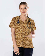 Brown Cute Dog Pill Capsule Scrub Top
