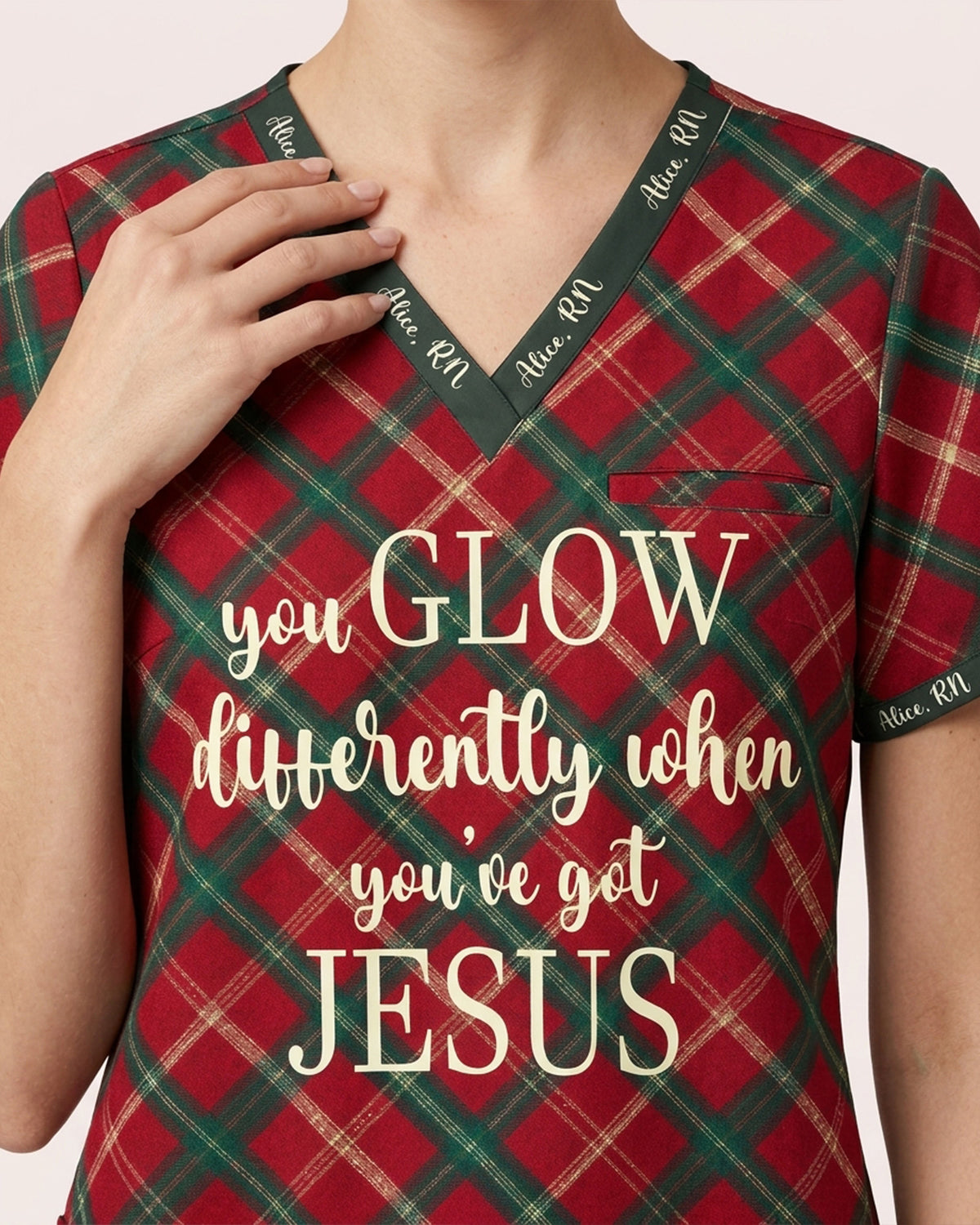 Personalized Name And Specialty You Glow Differently When You've Got Jesus Plaid Pattern Christmas Gift For Nurse Top