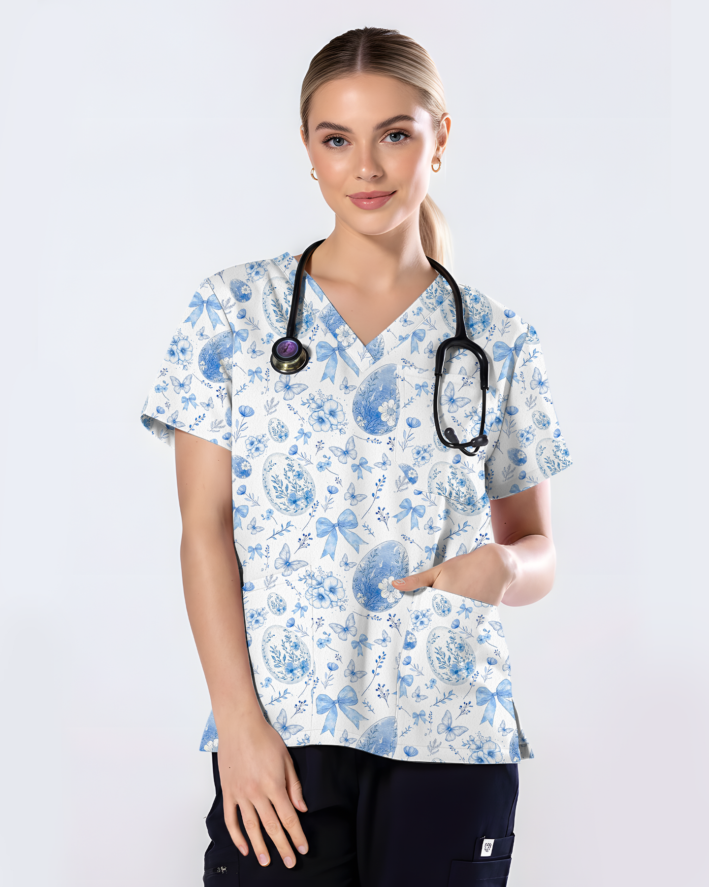 Elegant Blue and White Easter Egg Cute Nurse Scrub Top